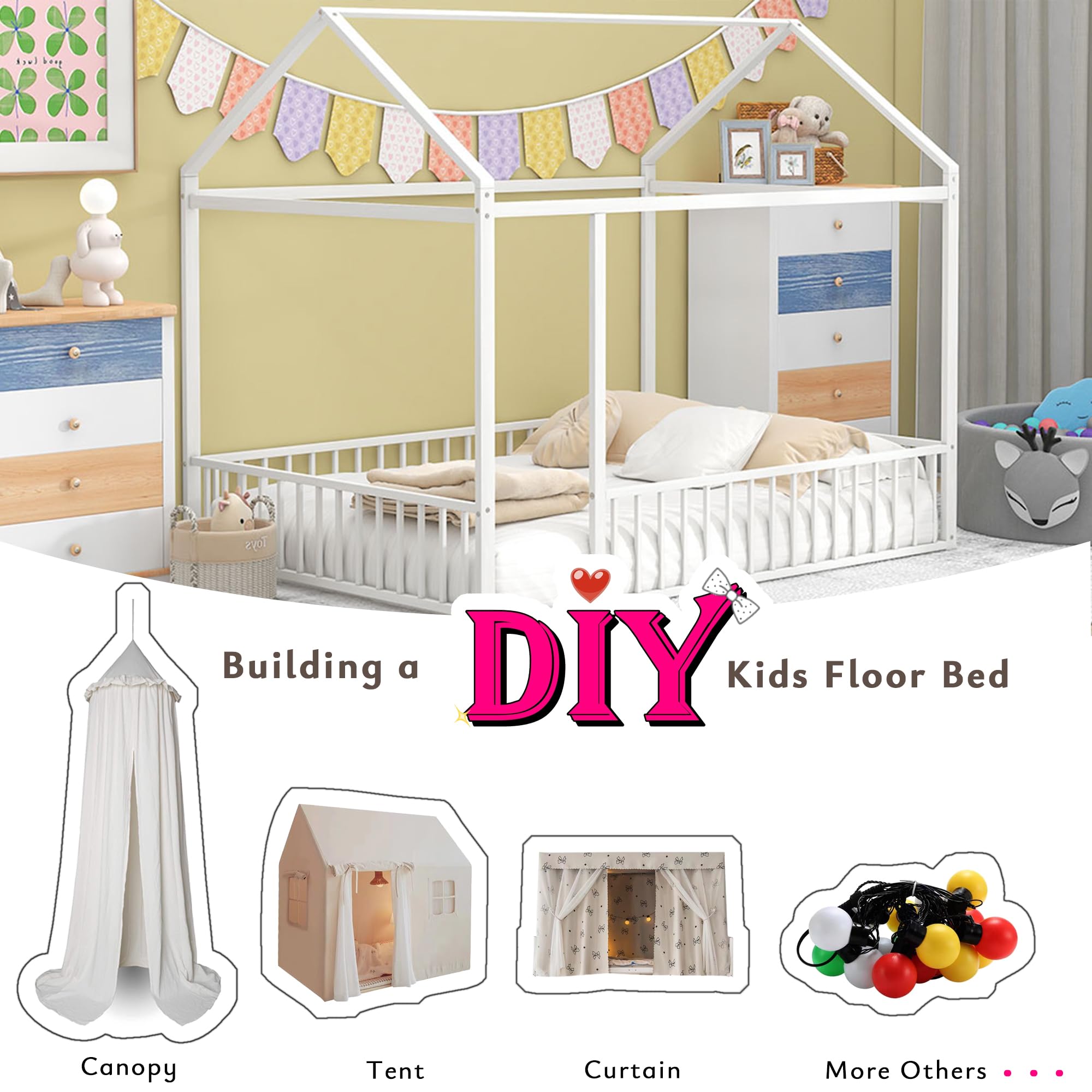 Montessori Floor Bed for Kids - Full Size White Metal House Bed Frame with Safety Fence | Playhouse Style Toddler Bed for Daytime Play & Nighttime Sleep | Perfect for Montessori Bedrooms & Playrooms