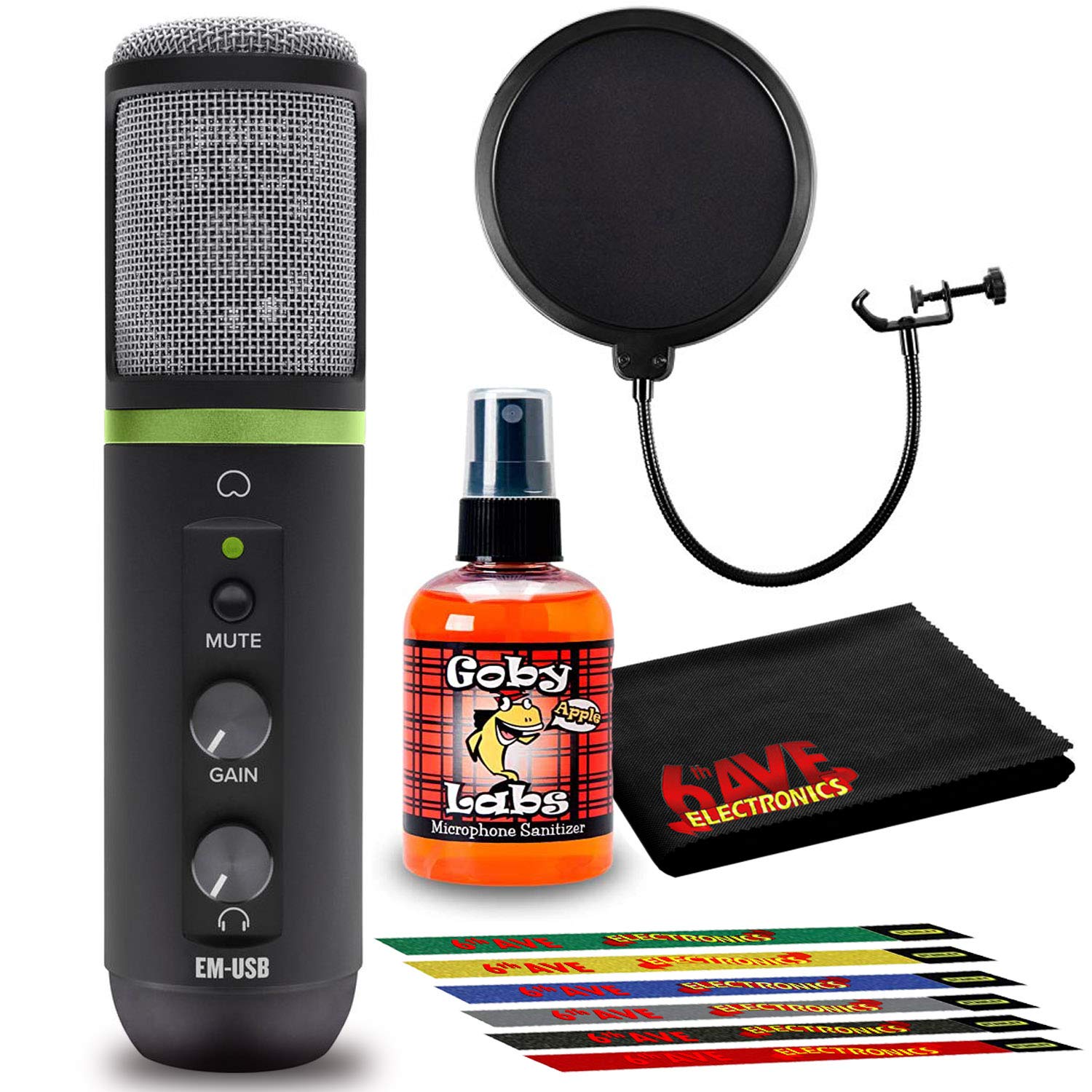 Mackie EM-USB Professional USB Condenser Microphone Kit with Pop Filter, 6 Pack Reusable Cable Ties & 6-Piece Cleaning Kit - Perfect for Podcasting, Streaming, Home Studio Recording & Voice Overs