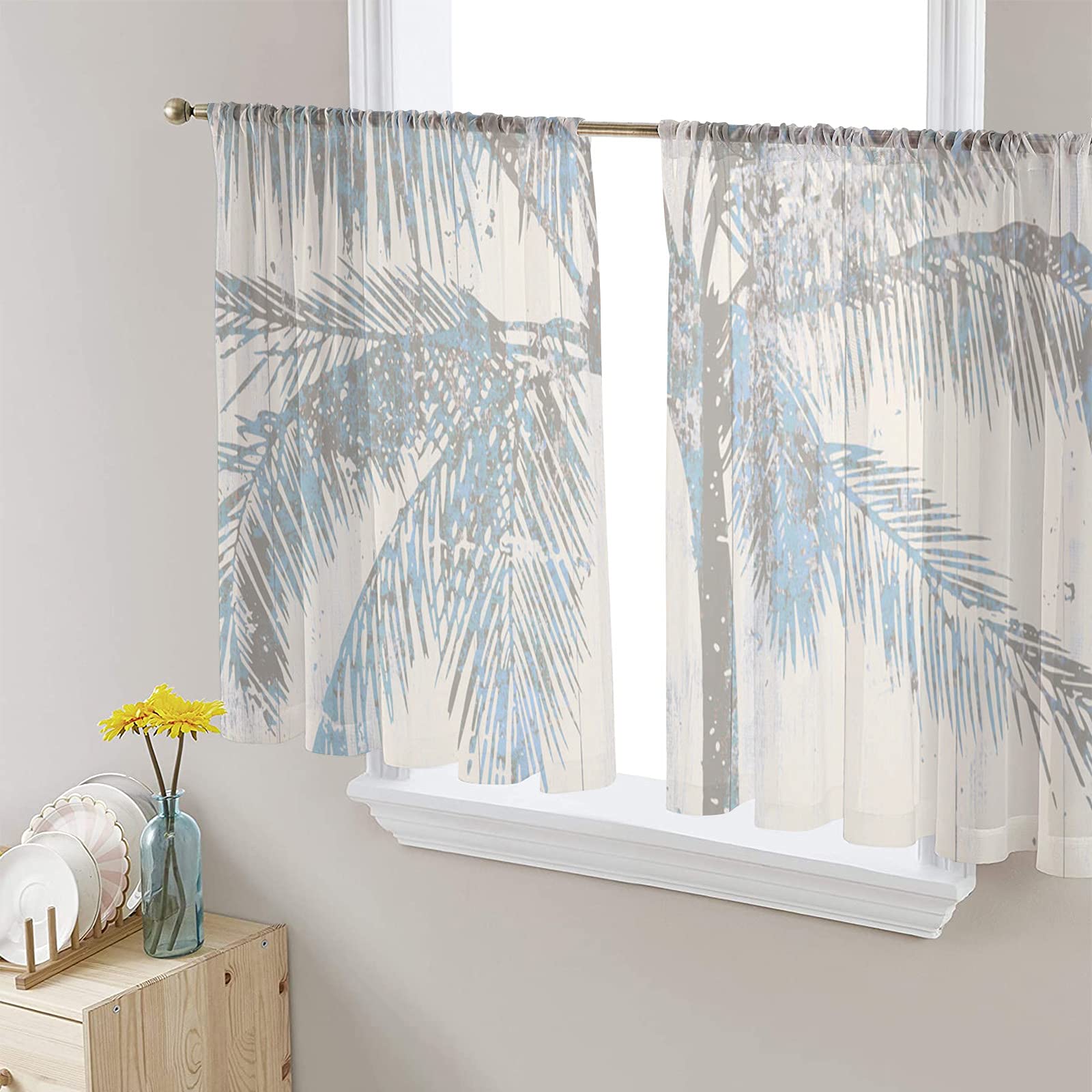 Tropical Palm Tree Semi Sheer Curtains - 45 Inch Length Vintage Wood Print Light Filtering Drapes with Rod Pocket, Set of 2 Panels for Living Room & Bedroom - Perfect for Beach House, Boho Decor & Coastal Style Windows