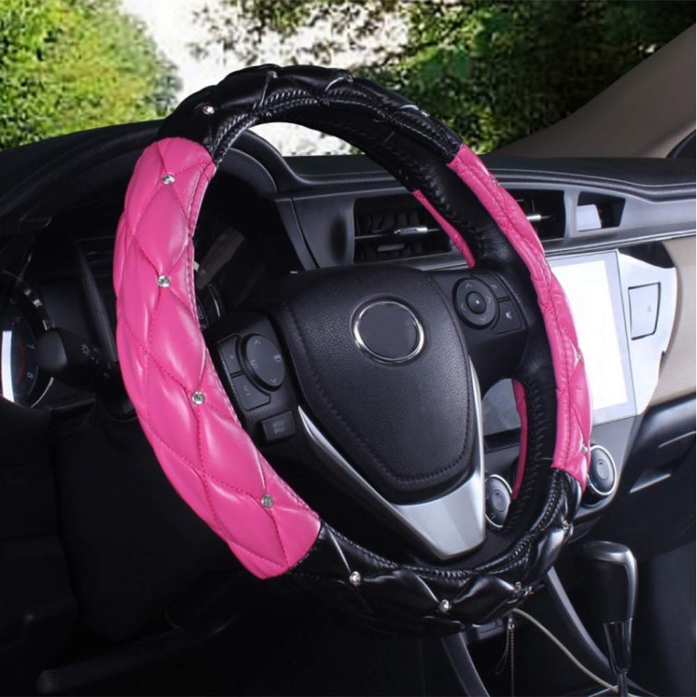 Universal Leather Steering Wheel Cover with Bling Crystal Rhinestones - 15 Inch Black & Rose Red - Car Wheel Protector for Women & Men - Perfect for Luxury Cars, Gifts, and Customization