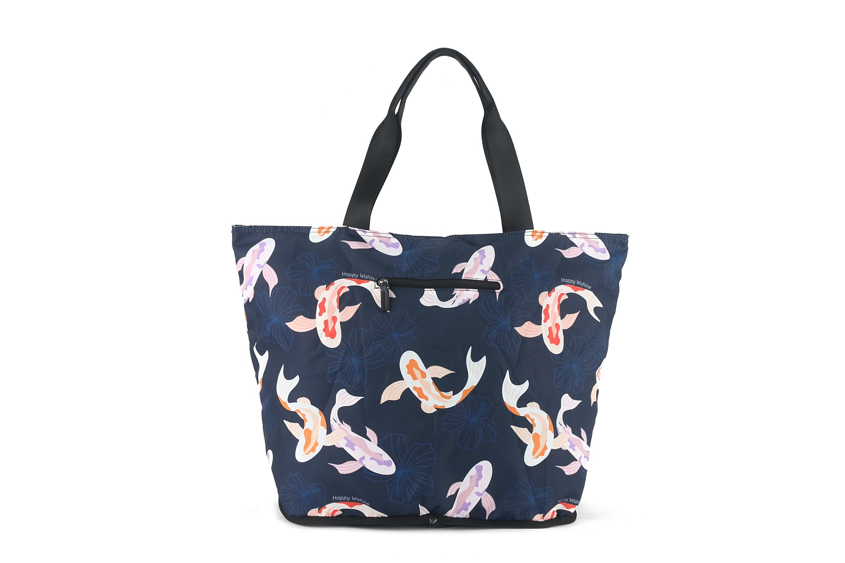 Foldable Tote Bag - James Koi Navy Blue Design - Lightweight & Waterproof Shopping Bag for Groceries, Beach, Travel & Daily Use