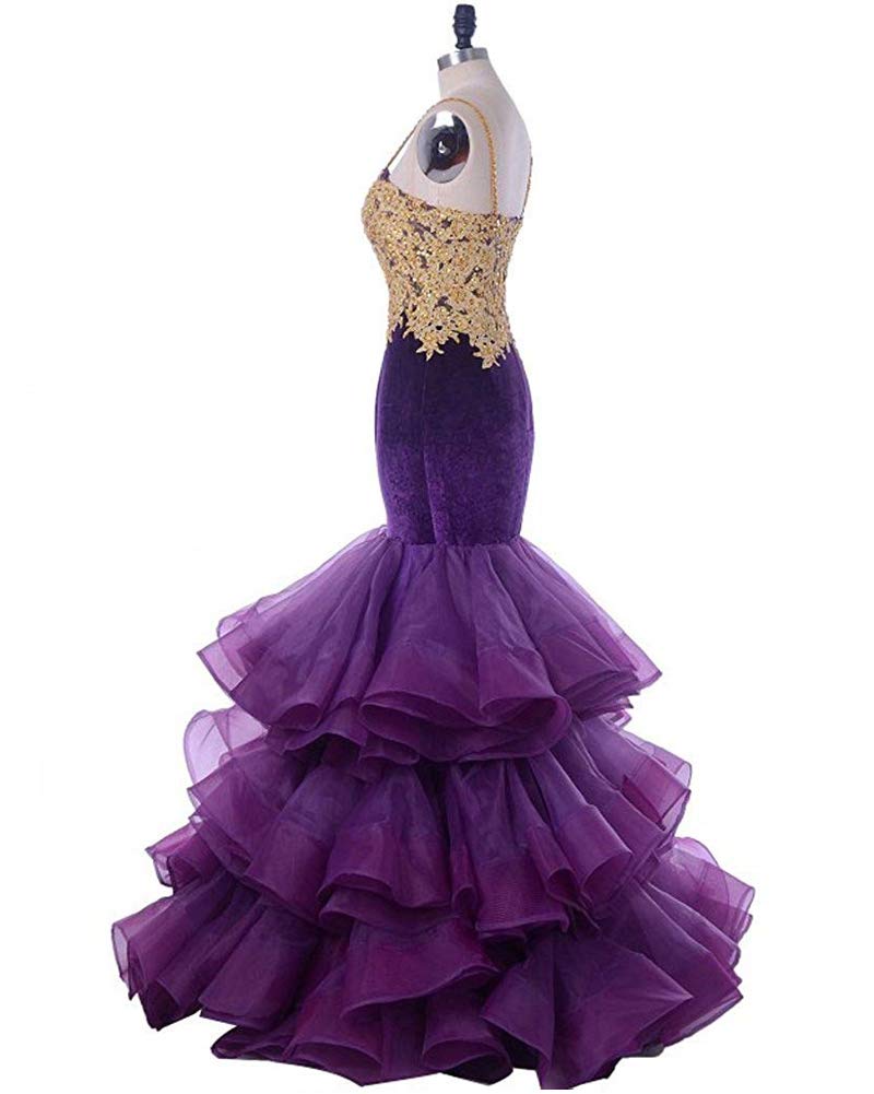 Elegant Mermaid Gold Appliques Organza Ruffles Long Prom Gown for Women - Perfect for Evening Galas, Formal Dances & Special Occasions