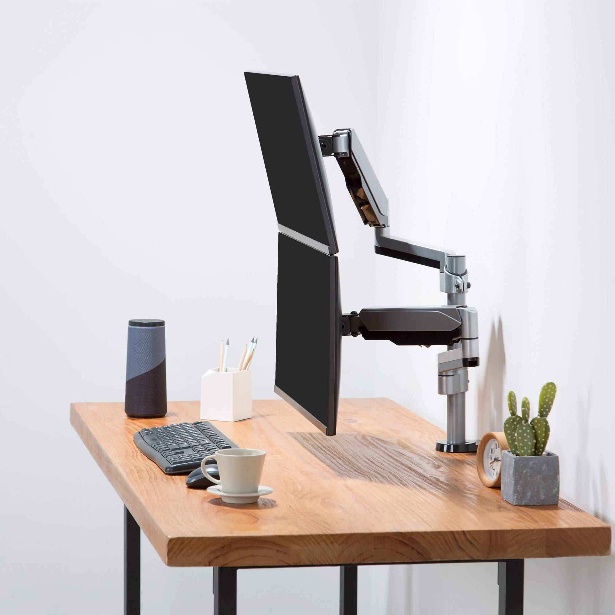 AVLT Dual 13-27 Inch Adjustable Monitor Arm for Two Flat or Curved Screens - Full Motion Height Swivel Tilt Rotation - VESA C-Clamp Grommet Mount with Cable Management - Perfect for Home Office Gaming and Workspace Setup