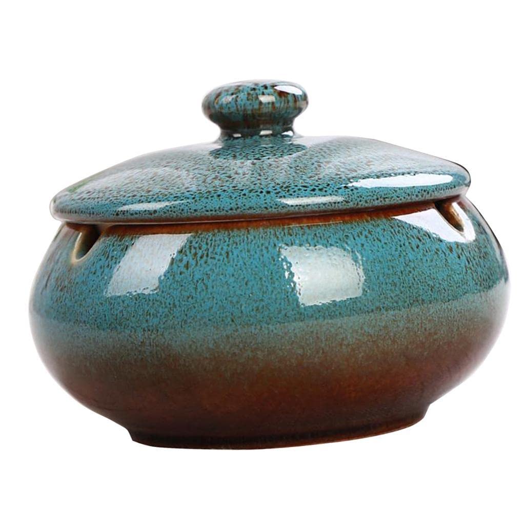 Baoblaze Ceramic Ashtray with Lid - Windproof Ash Holder for Indoor & Outdoor Use - Elegant Green & Blue Design - Perfect for Patio, Balcony, or Smoking Lounge