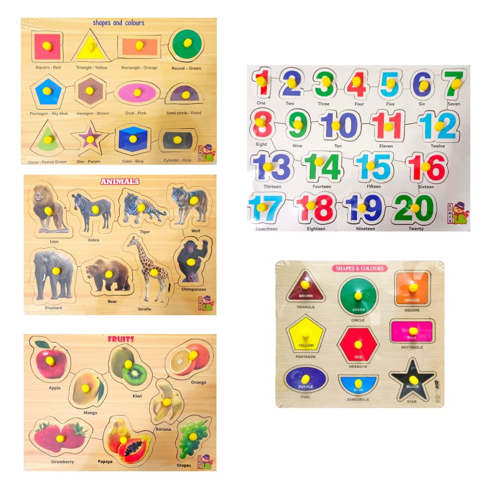 Combo of 5 Wooden Learning Boards for Kids 3+ | Educational Wooden Puzzles for Toddlers & Adults | Shapes, Numbers 1-20, Wild Animals, Fruits | Perfect for Home, Classroom, and Montessori Learning