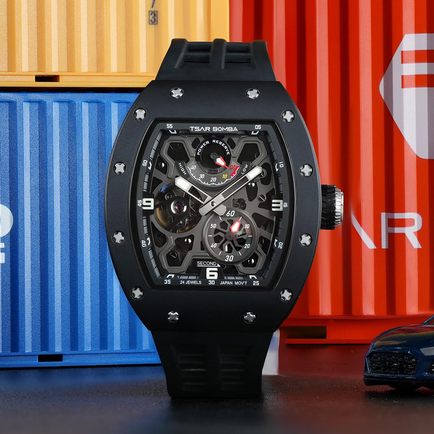 Premium Automatic Men's Watch with Ceramic Bezel, Japanese Movement & Sapphire Crystal - 50M Waterproof Square Wristwatch with Power Reserve Indicator - Perfect for Business, Formal Events & Luxury Gift Giving