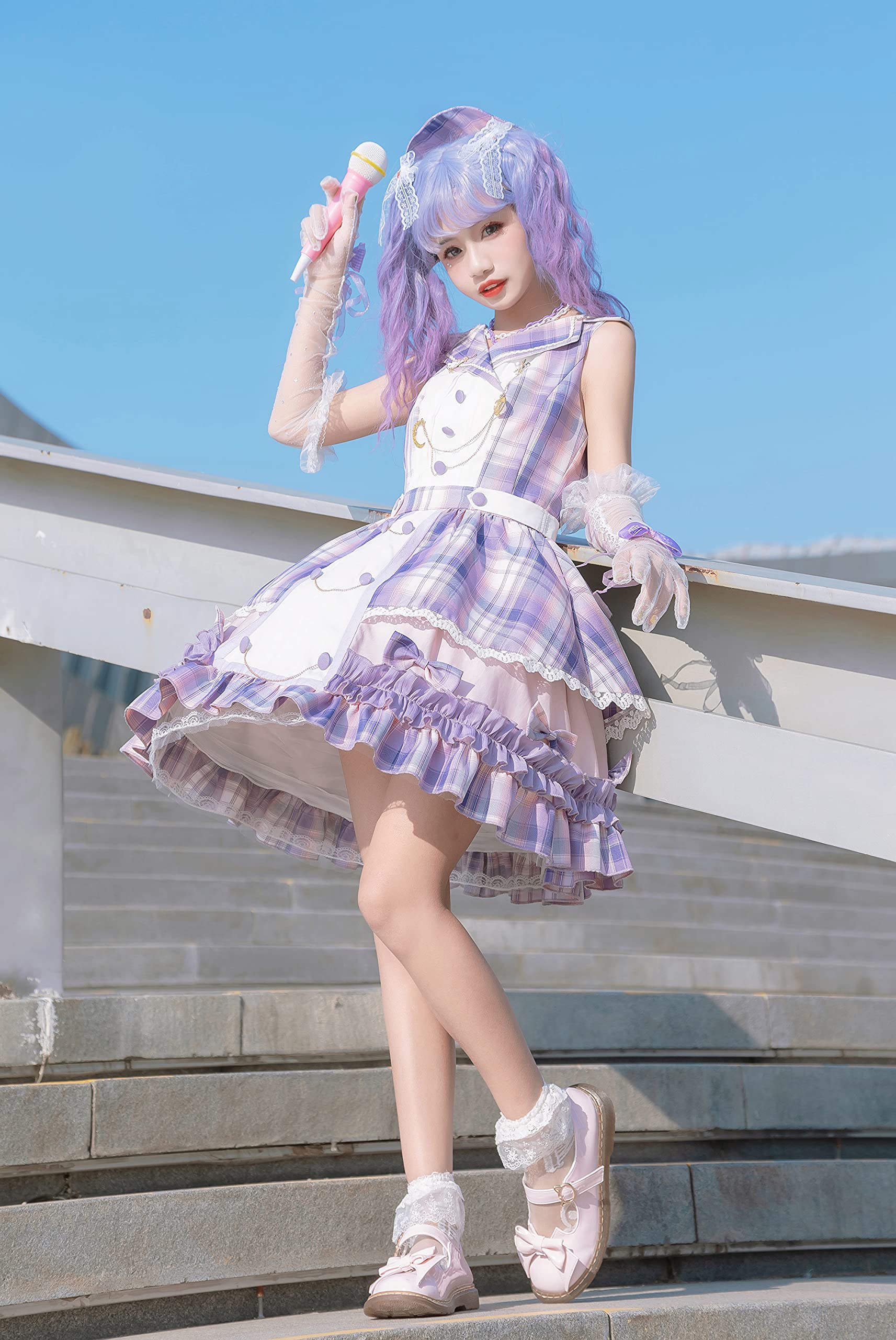 Japanese Kawaii Sweet Lolita Dress - Purple Anime Gingham Costume for Plus Size Women & Girls | Cute Summer Uniform for Cosplay, Halloween Parties & Anime Conventions