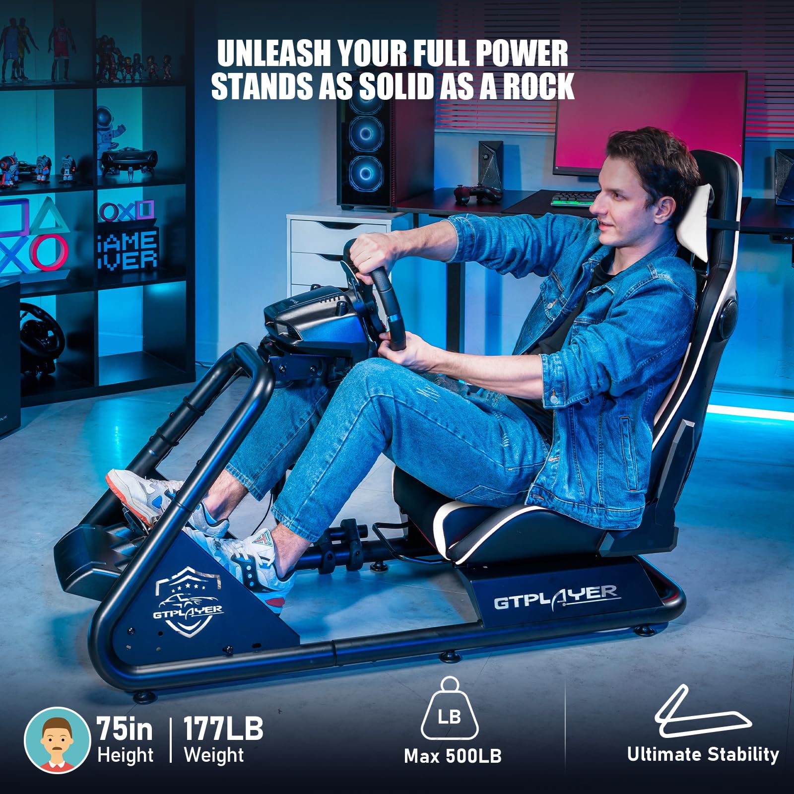 GTPLAYER Racing Simulator Cockpit with Adjustable Seat & Bluetooth Speakers - Ultra-Sturdy Alloy Steel Frame Gaming Chair for PC/PS4/Xbox - Perfect for Home Racing Games & Flight Simulation (White)