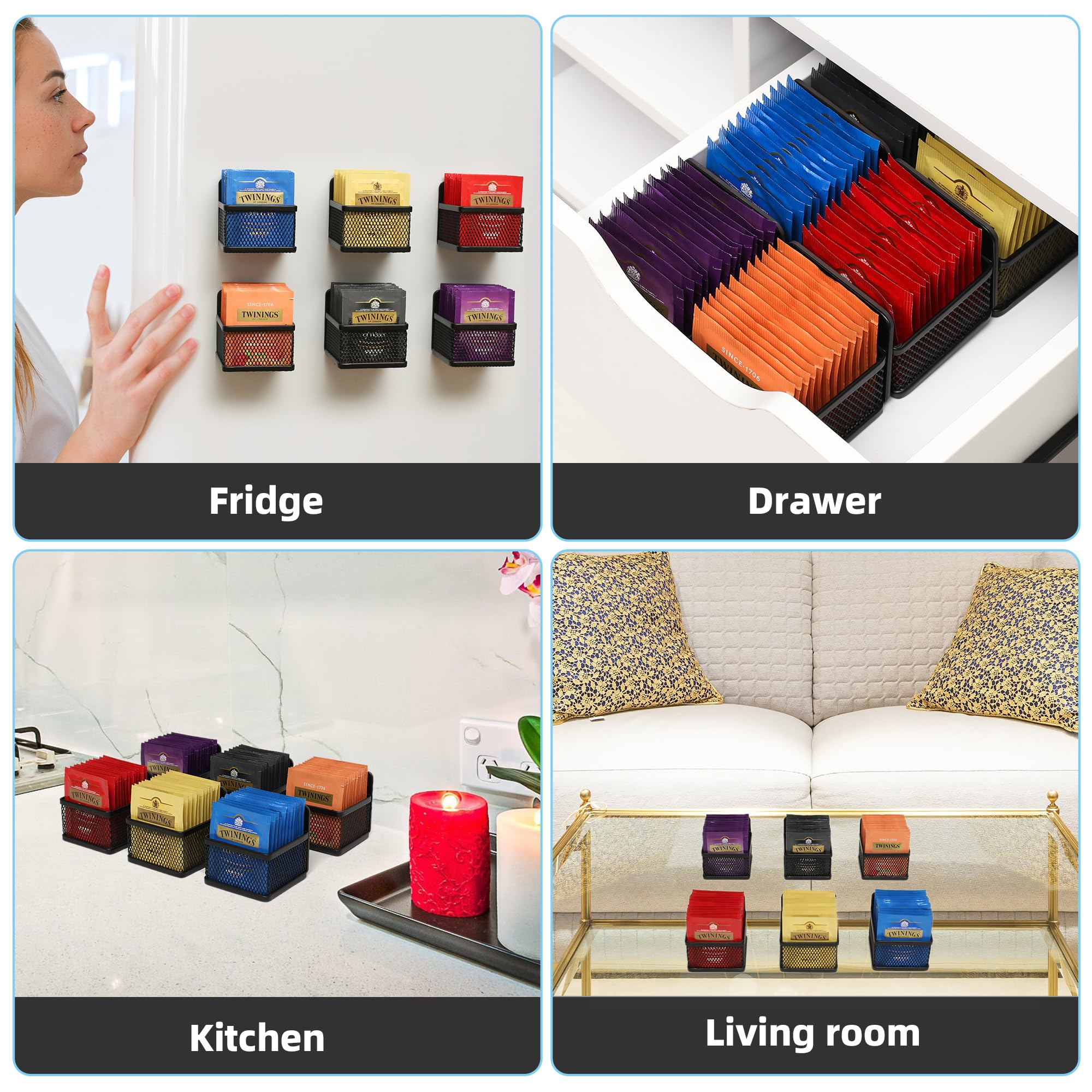 6-Piece Magnetic Tea Bag Organizer Set - Black Metal Tea Storage for Refrigerator, Counter or Kitchen Shelf | Perfect Tea Gift for Tea Lovers (Small, DB-1205) | Keep Your Tea Bags Fresh & Organized at Home or Office