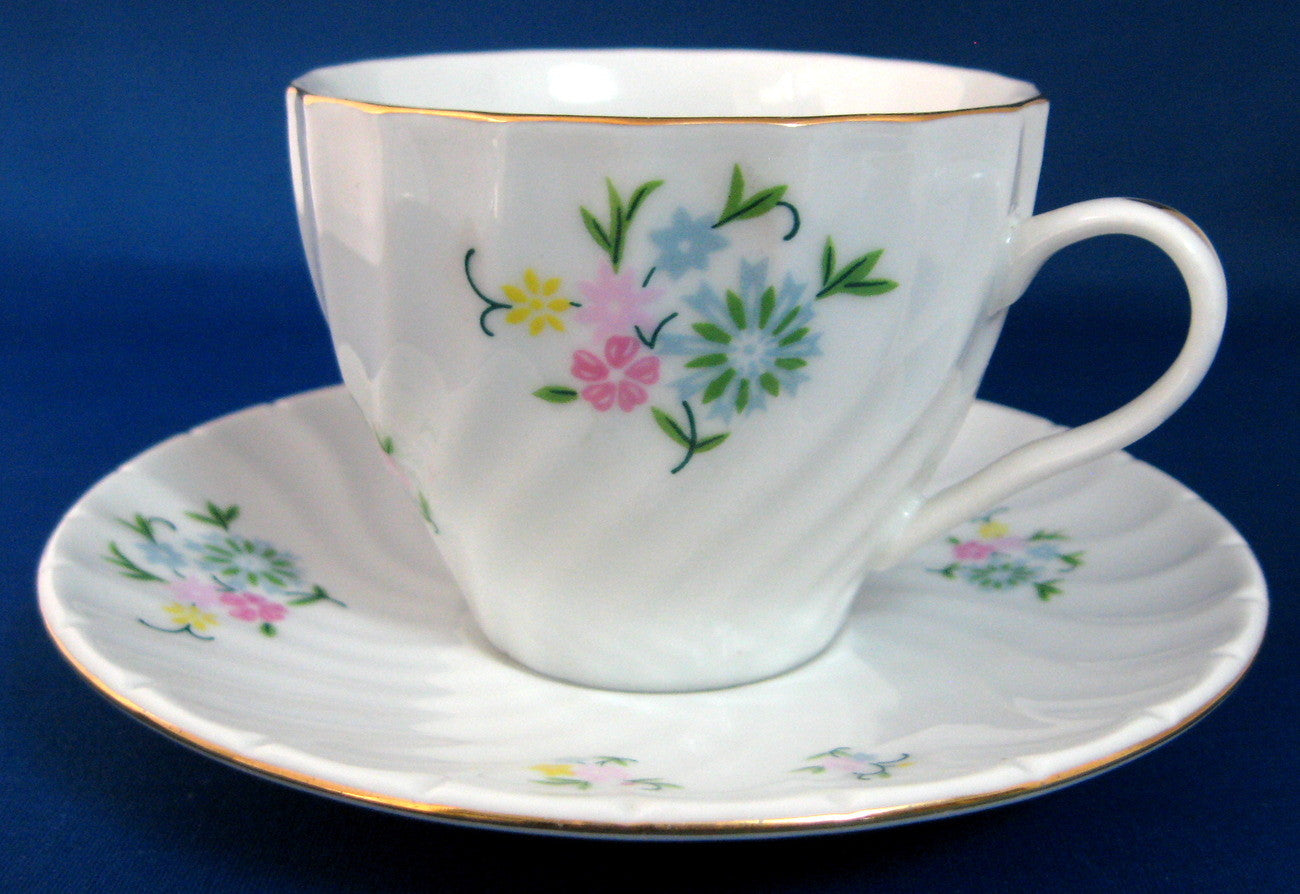 Vintage 1960s Mid Century Cup and Saucer Set - Floral Bouquet Design with Gold Trim & Swirl Molded Details - Perfect for Afternoon Tea, Collectible Home Decor, or Retro Dinner Party Tableware