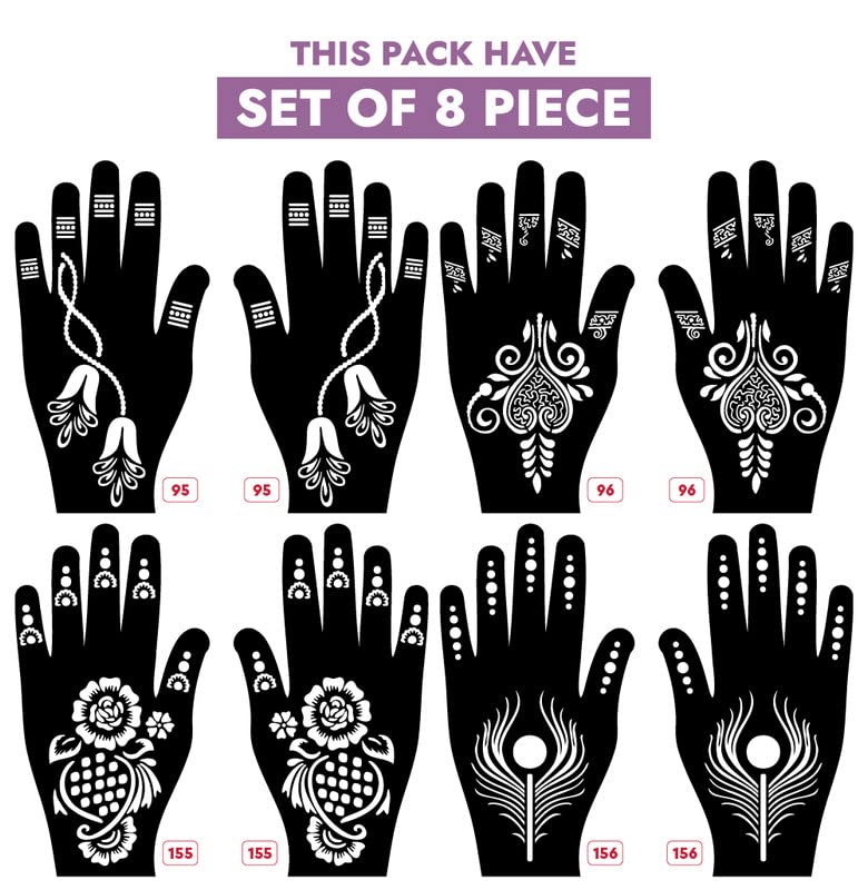 Apcute Mehndi Art Stencils Kit - Latest Henna Design Templates for Girls, Women, Kids & Unisex (Design No. Apcute-New-95-96-155-156) - Perfect for Weddings, Festivals, DIY Body Art & Temporary Tattoos