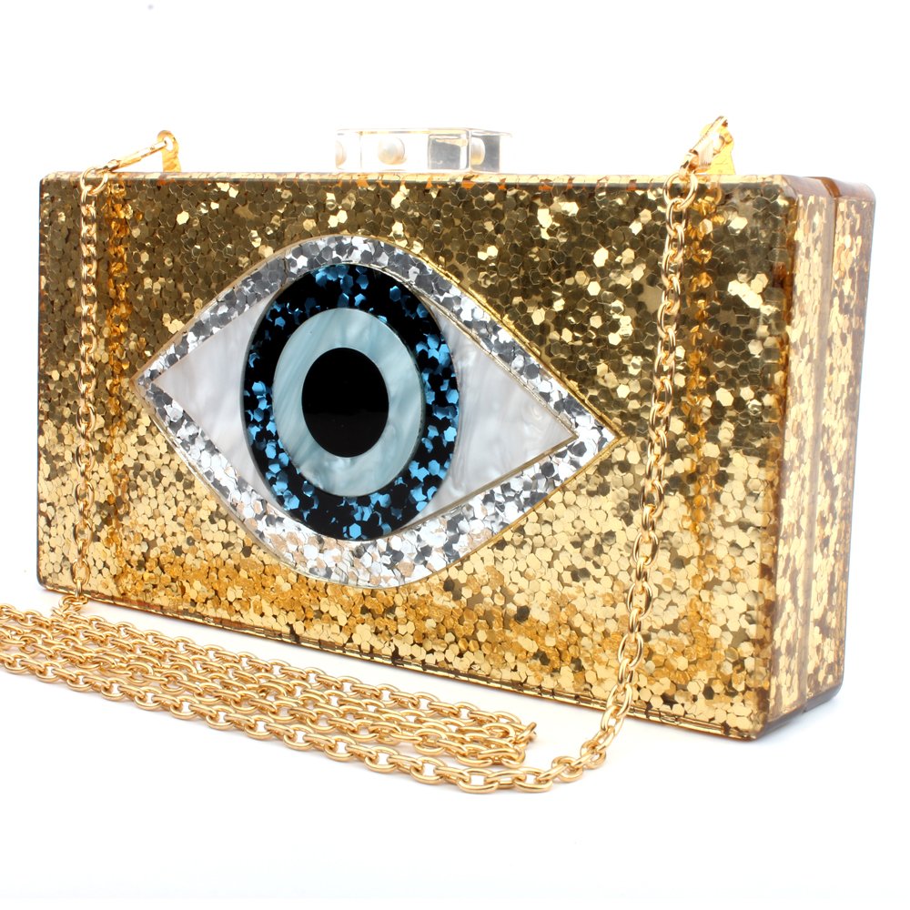 LETODE Women's Evil Eye Acrylic Clutch Purse - Sparkling Glitter Evening Bag with Chain, Shoulder & Crossbody Strap - Perfect for Parties, Weddings & Night Out