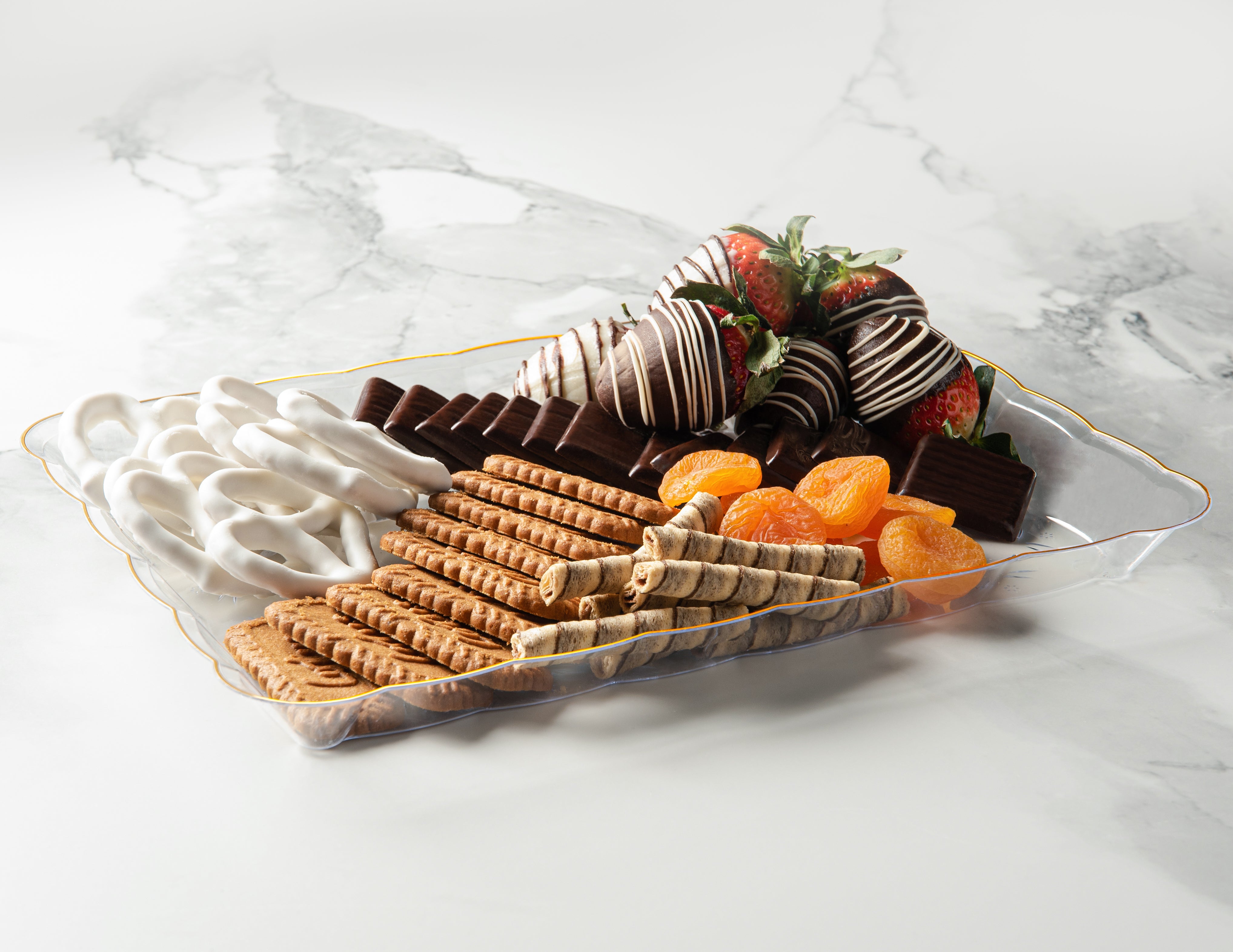 Scalloped Clear and Gold Rectangular Serving Tray Set of 4 - Elegant Party Platter for Appetizers, Desserts, and Entertaining - Perfect for Weddings, Brunches, and Holiday Gatherings