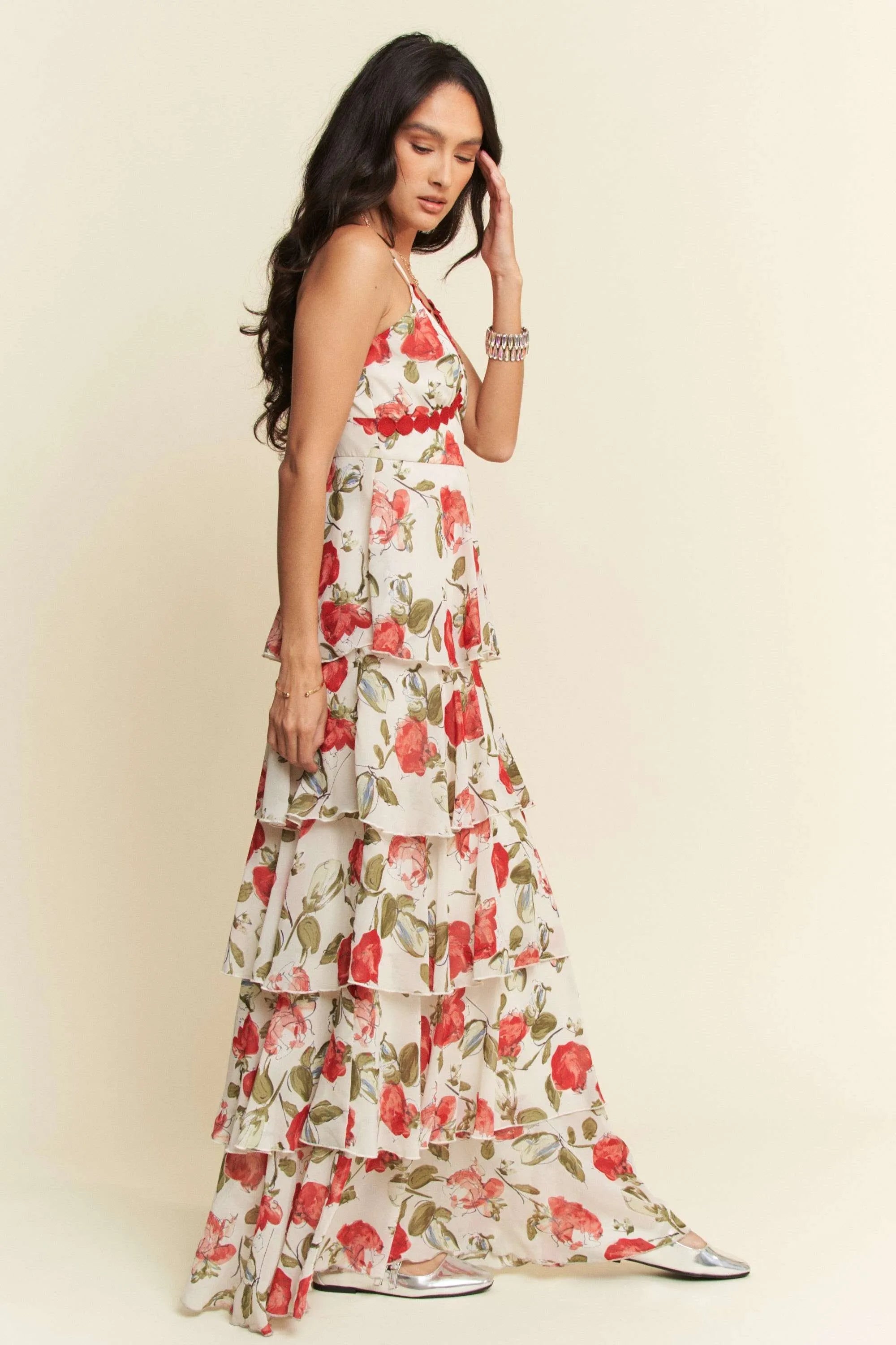 Elegant Lace Layered Ruffle Maxi Cami Summer Dress for Women - Boho Beach Wedding Party & Vacation Outfit