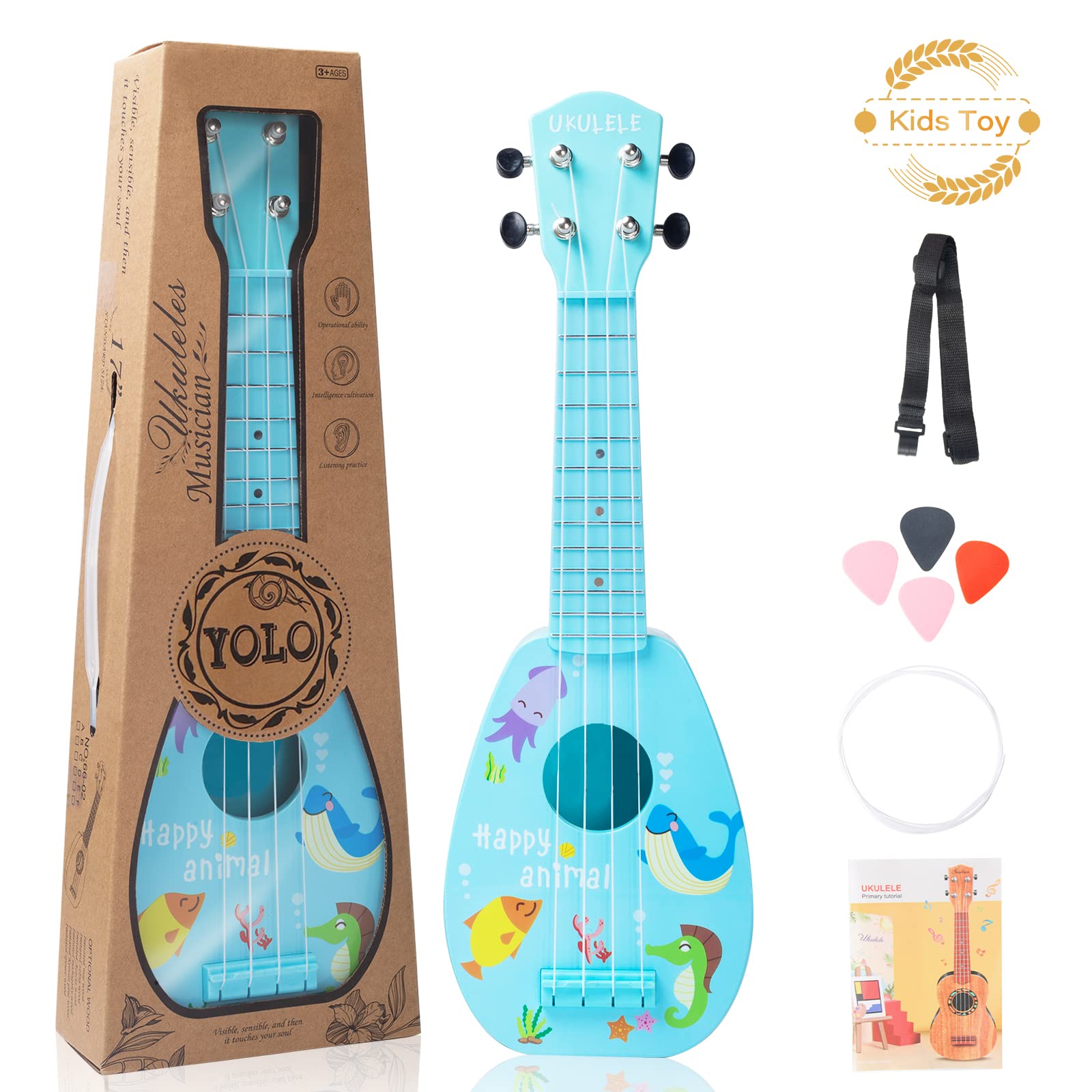 17 Inch Kids Ukulele Toy - 4 String Mini Guitar for Toddlers & Beginners | Educational Musical Instrument with Anti-Impact Design, Strap & Picks Included | Perfect for Birthday Gifts, Music Lessons & Early Childhood Learning