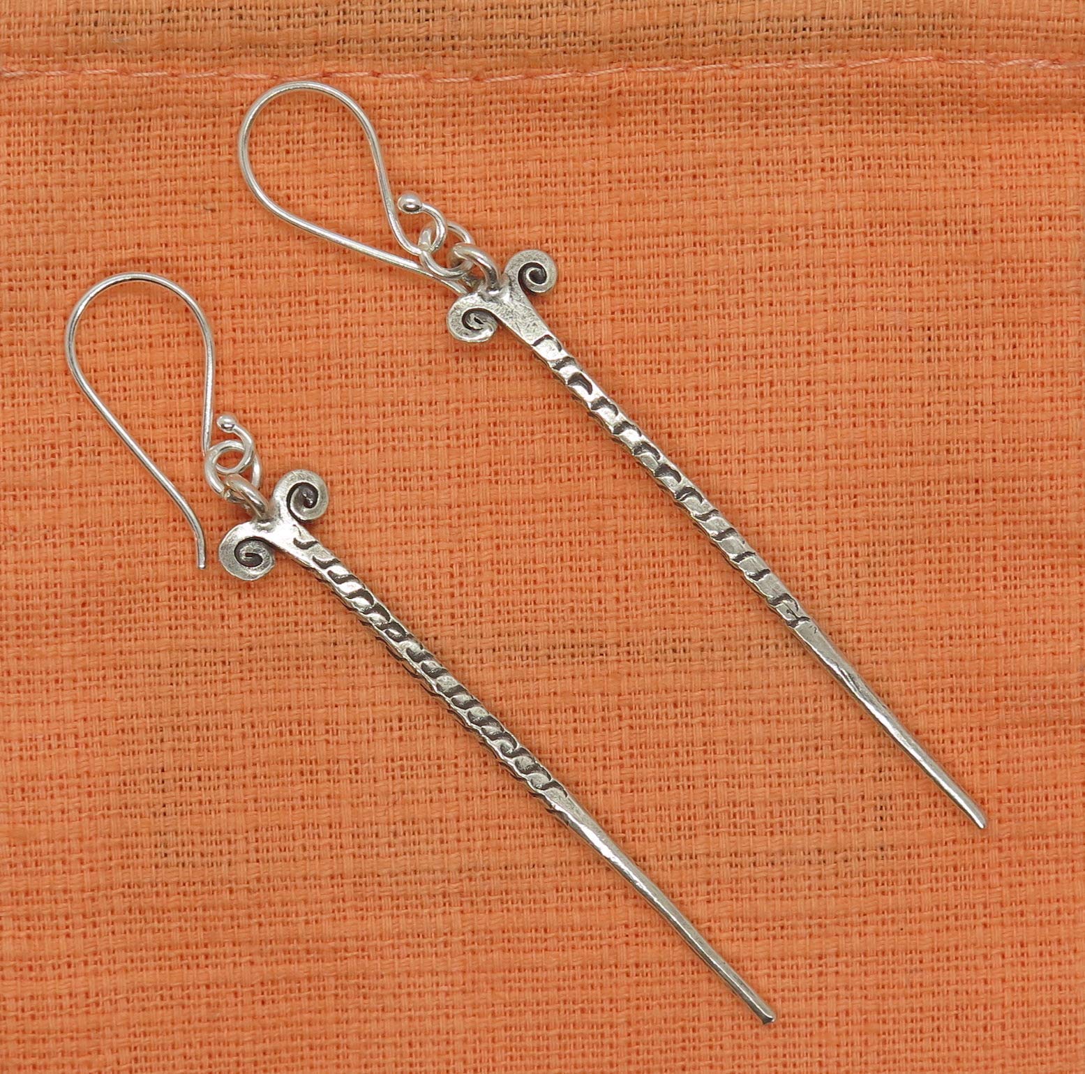 Handmade Sterling Silver Needle Spike Long Dangle Earrings with Tribal Thorn & Ethnic Motifs - Perfect for Boho Fashion, Festival Jewelry & Unique Gift Ideas
