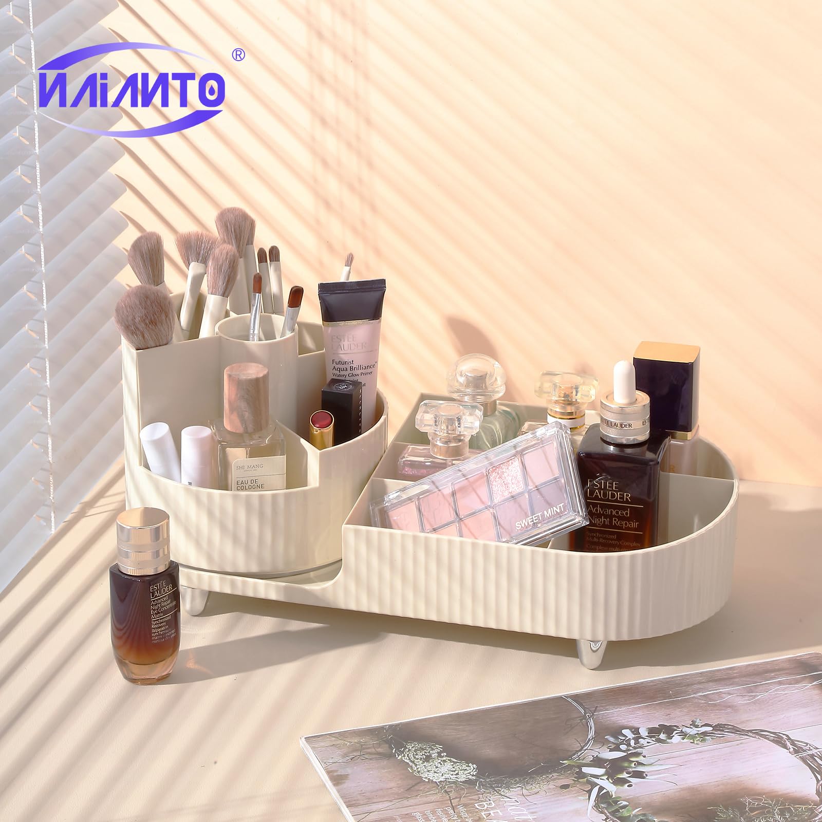 Rotating Makeup Organizer for Vanity - Cosmetic & Skincare Storage - Perfect for Brushes & Lipsticks (Creamy) - Ideal for Beauty Routines