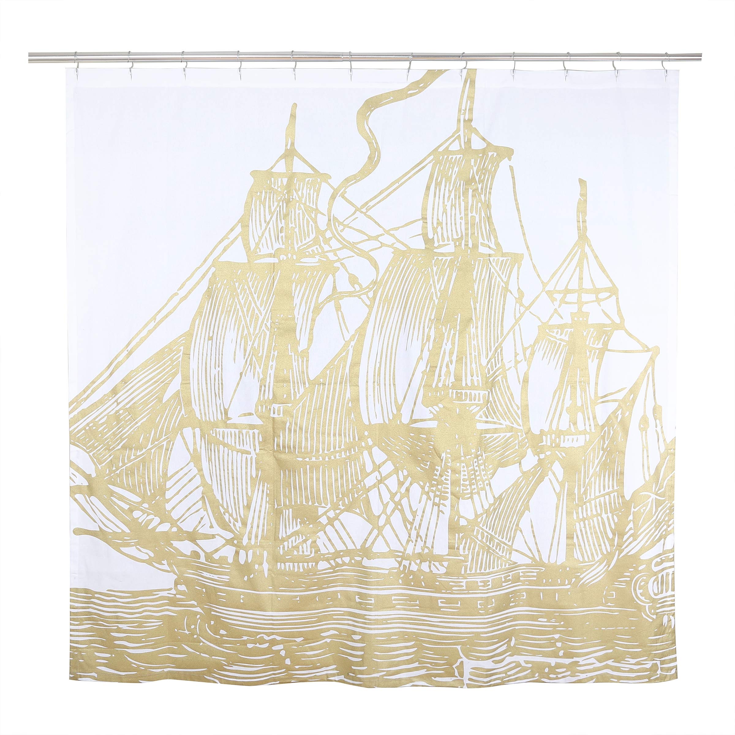 Gold Ship Shower Curtain - Nautical Bathroom Decor, Waterproof & Mold Resistant - Perfect for Beach Theme Bathrooms & Coastal Home Decor