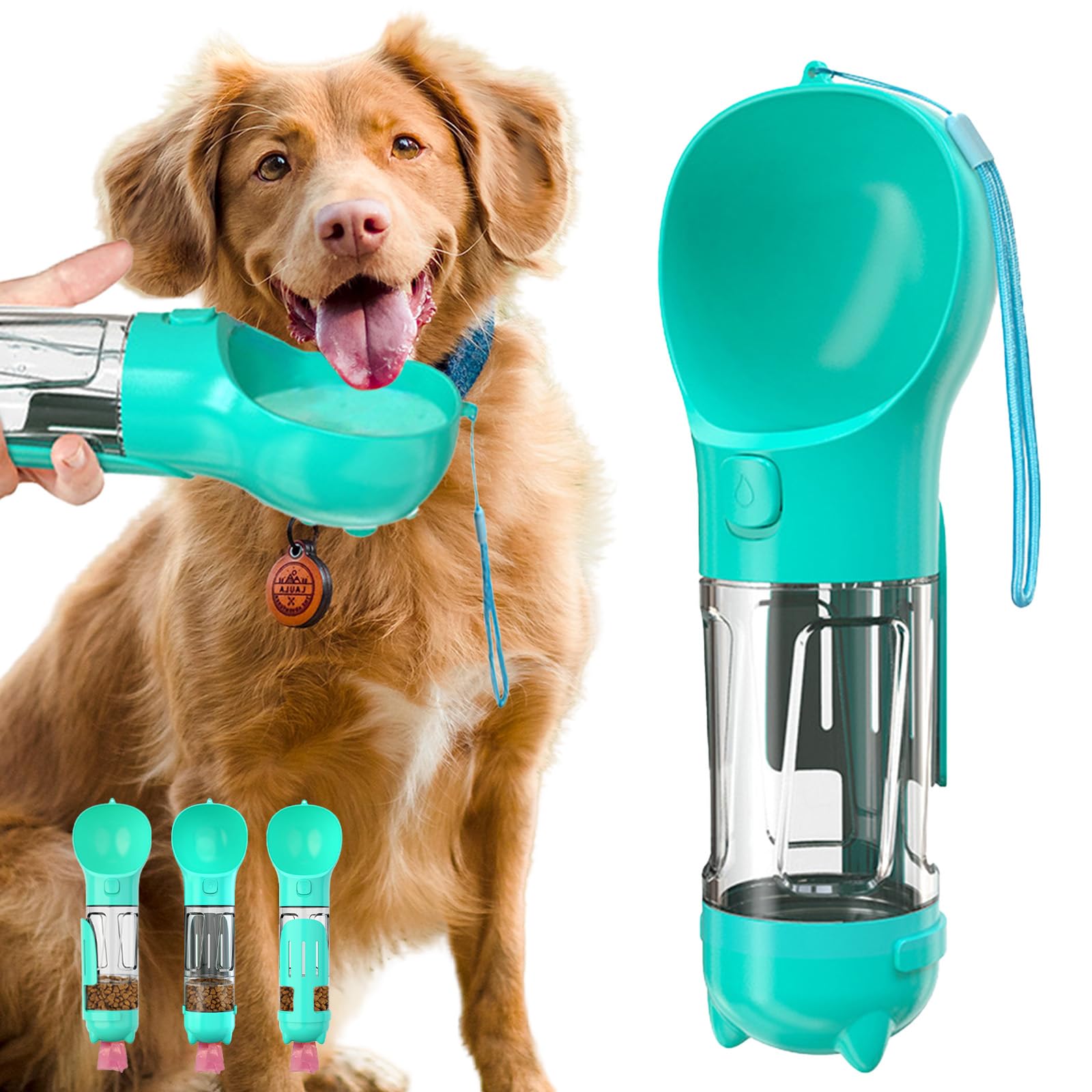 Portable Dog Water Bottle with Feeder and Collapsible Bowl - 12.1oz Leak Proof Travel Water Dispenser for Dogs - Includes Waste Bag Holder & Poop Bags - Perfect for Hiking, Camping, and Outdoor Adventures (Lake Blue)