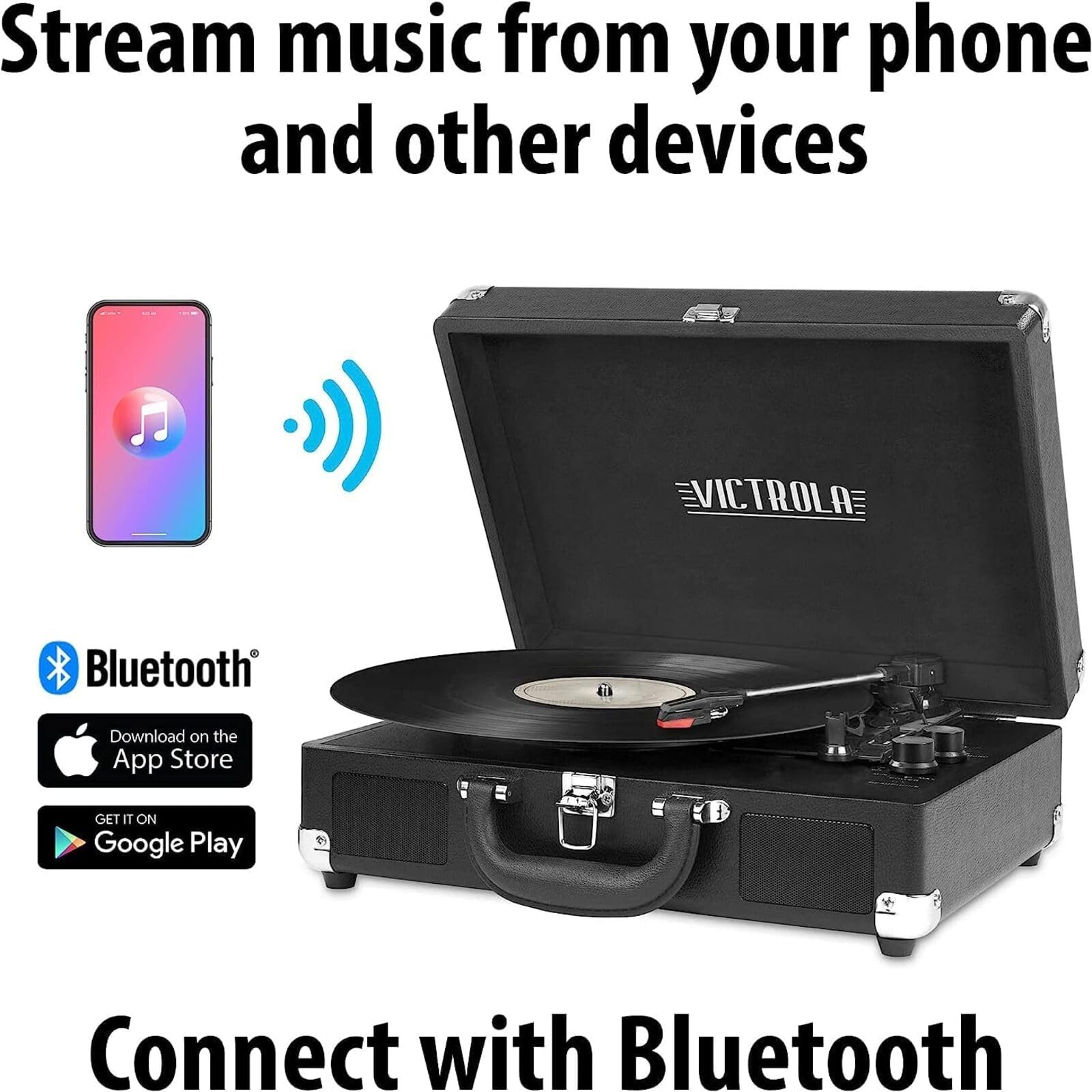 Victrola Journey+ Signature Turntable - 3-Speed Vinyl Record Player with Bluetooth, Built-in Speakers & RCA Output, Linen Finish in Cream - Perfect for Home, Office, and Travel Use