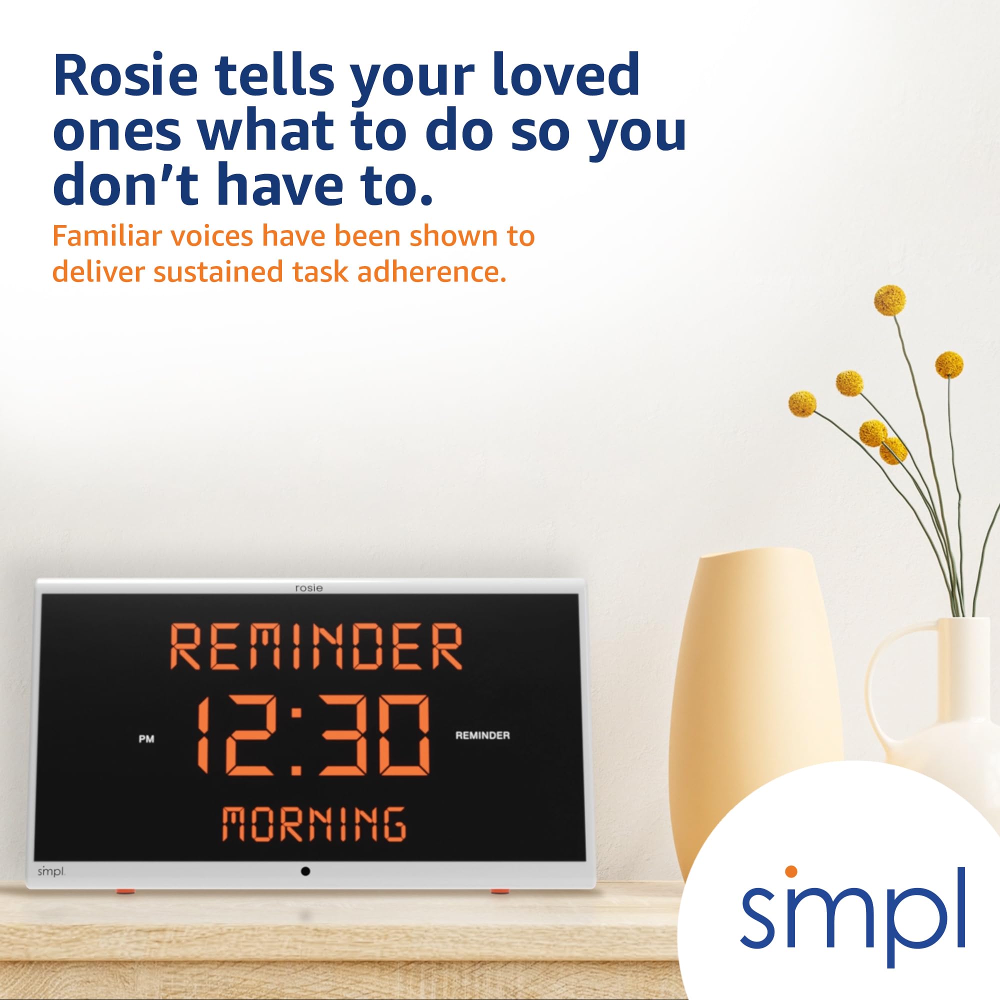 Simpl Rosie Reminder Large Display Talking Alarm Clock – 25 Custom Voice Alerts, Dementia & Alzheimer’s Friendly Senior Clock, Voice Activated, Easy-to-Use, 100ft Range (Rosie 2) – Perfect for Bedrooms, Nursing Homes & Memory Care Facilities