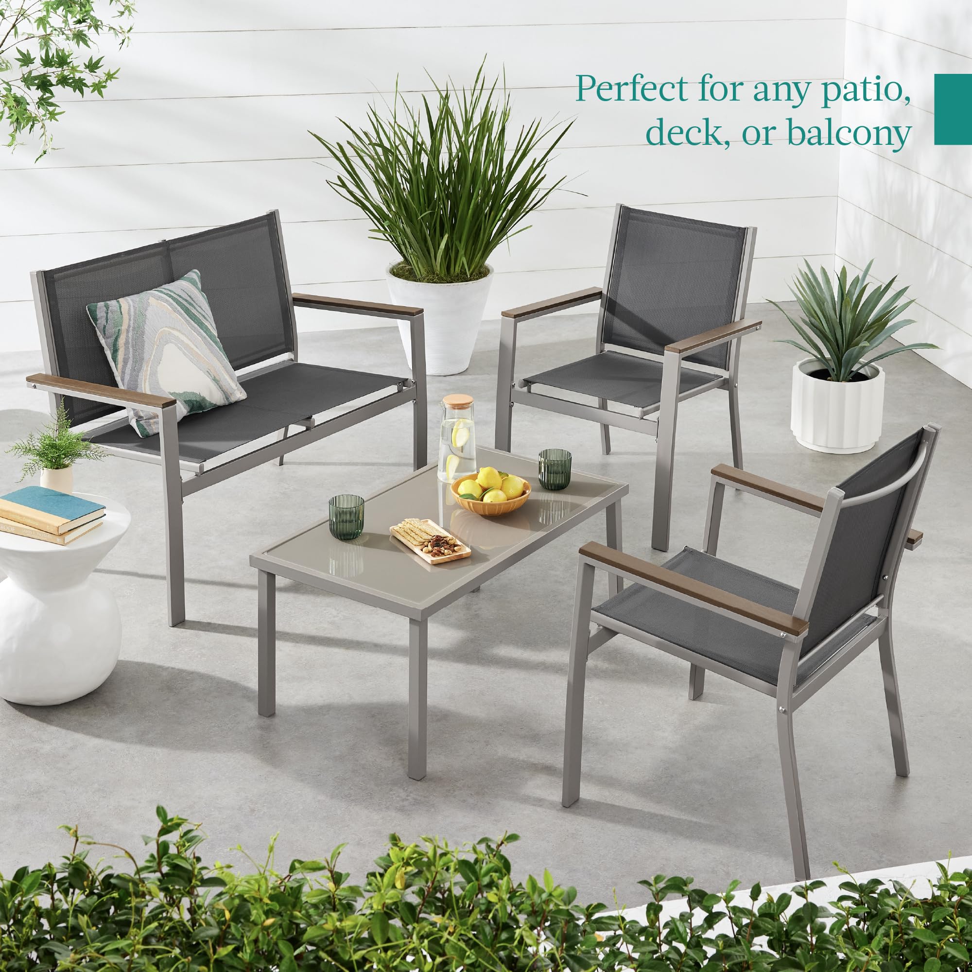 Best Choice Products 4-Piece Outdoor Patio Furniture Set with Textilene Loveseat, Coffee Table & Durable Steel Frame in Taupe/Charcoal - Perfect for Backyard, Garden, Poolside & Patio Relaxation
