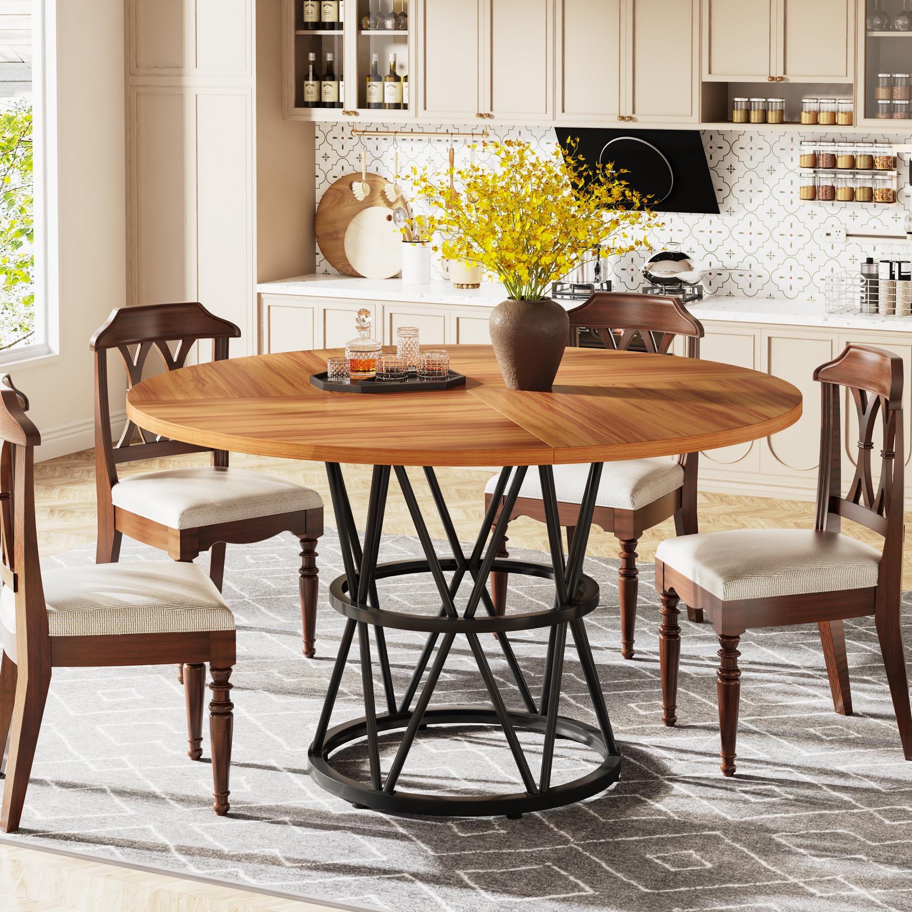 Tribesigns 47-Inch Round Dining Table for 4 - Solid Wood Kitchen Table with Metal Base in Brown & Black - Perfect for Small Spaces, Breakfast Nooks, and Cozy Dining Rooms