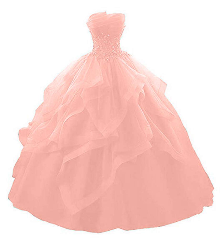 Elegant Pink Strapless Lace Beaded Quinceanera Dress - Long Sleeveless Prom Ball Gown with Ruffles for Women | Perfect for Sweet 16, Homecoming, Wedding & Formal Events