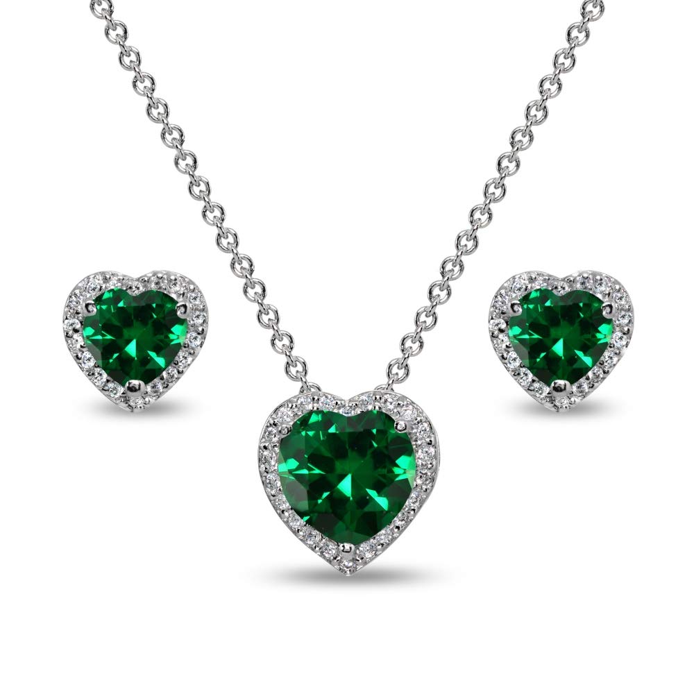 Genuine & Synthetic Gemstone Sterling Silver Halo Heart Necklace & Stud Earrings Set for Women - Perfect for Valentine's Day, Anniversary & Romantic Gifts