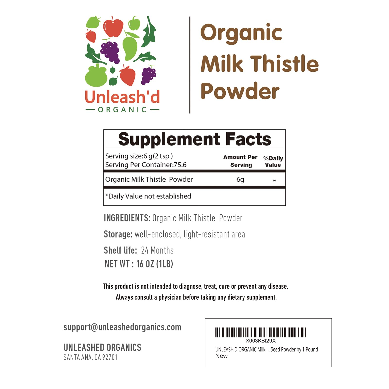 UNLEASH'D ORGANIC Milk Thistle Powder 16 oz - 100% Pure Organic Silymarin Supplement for Liver Support & Antioxidant Boost - Perfect for Detox, Immune Health & Wellness Drinks