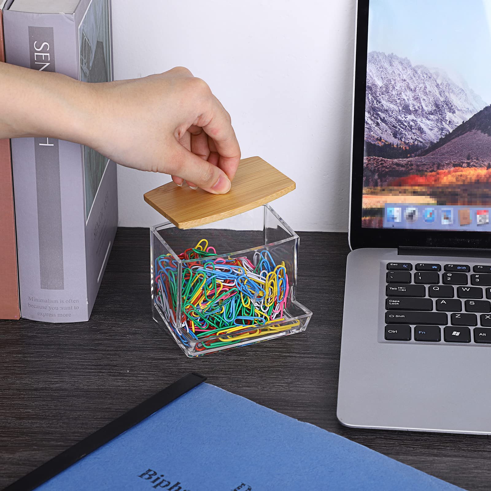 BTSKY Clear Acrylic Paper Clip Holder with Bamboo Lid - Self-Dispensing Office Organizer for Desk, Bathroom & Vanity Storage - Perfect for Paper Clips, Qtips, Cotton Swabs (Clips Not Included) - Ideal for Office, Home & Travel Organization