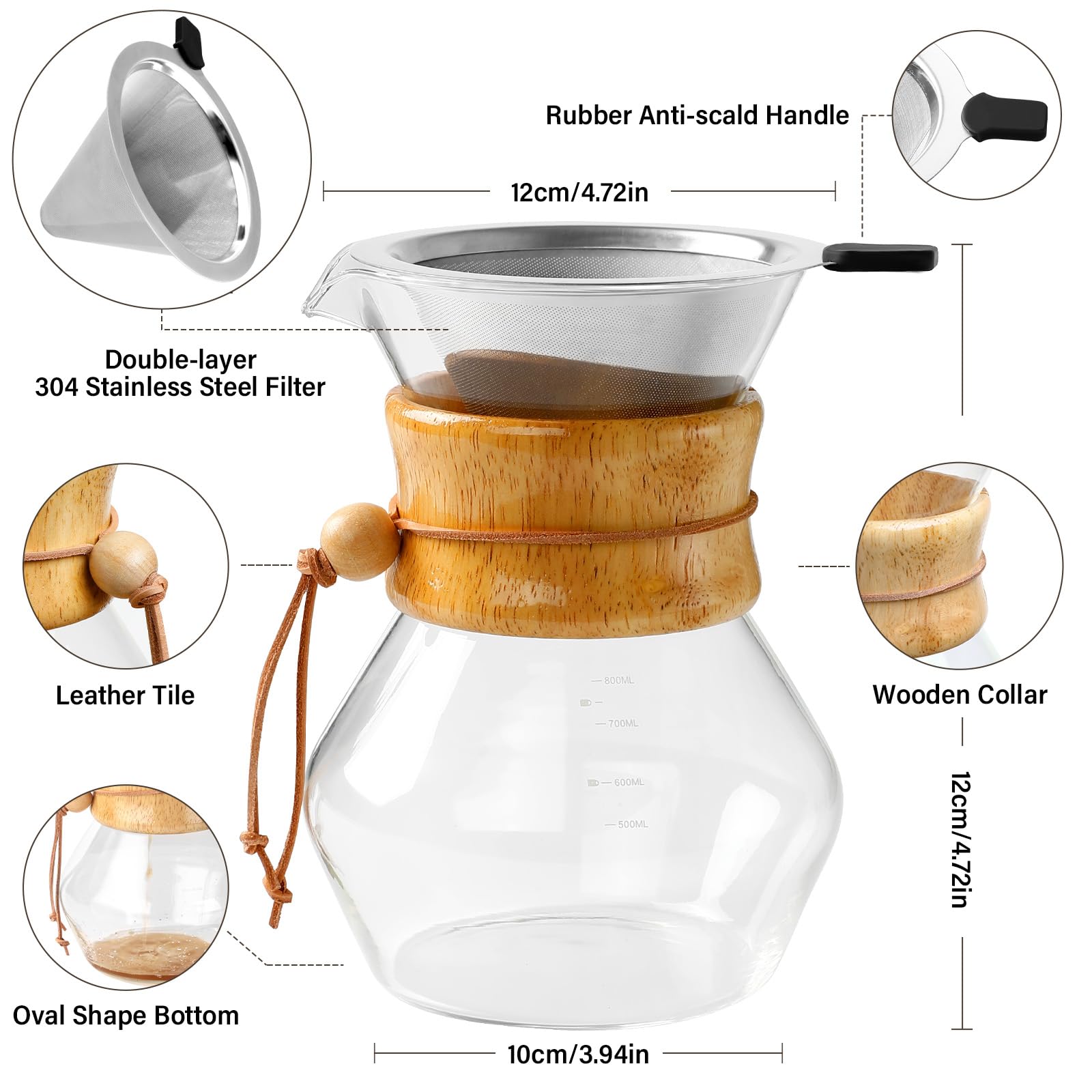 Premium Pour Over Coffee Maker with Double Layer Stainless Steel Filter - 28oz/800ml Glass Coffee Dripper Brewer, Heat Resistant Carafe & Wooden Collar - Perfect for Home, Office, Camping & Gift Giving