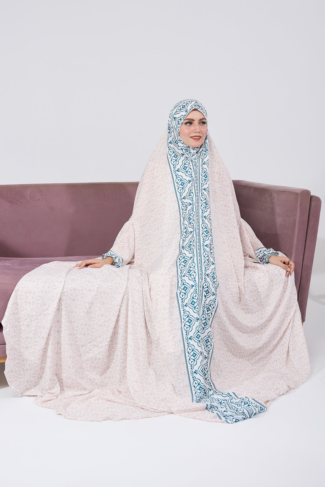 Elegant Nahlah Satin Prayer Gown with Blue Moroccan Print & Elastic Cuffs - Perfect for Muslim Women's Home Worship & Special Occasions