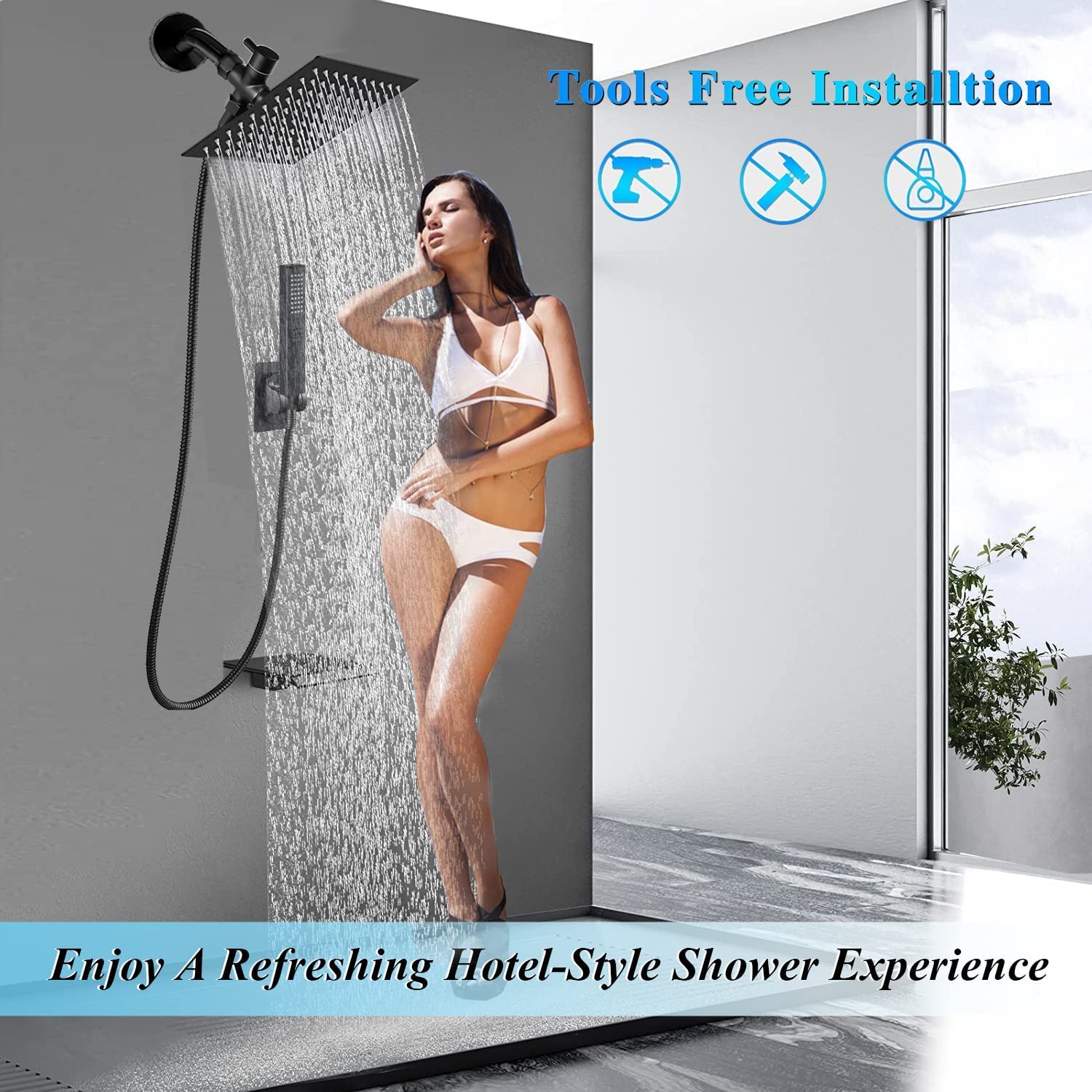 Bellearlly 8 Inch Matte Black High Pressure Shower Head with Hose - 2-in-1 Rainfall & Handheld Spray Showerhead with Anti-Leak Design & Holder - Perfect for Bathroom Renovation & Spa-Like Shower Experience