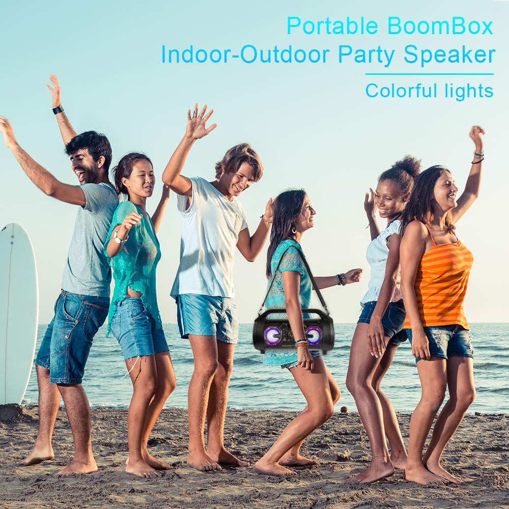 30W Bluetooth Speaker with Subwoofer, FM Radio, Colorful Lights, USB/AUX/TF Card/Mic Jack, Remote Control - Portable Wireless Boombox for Home, Party, Camping, Travel, and Outdoor Adventures