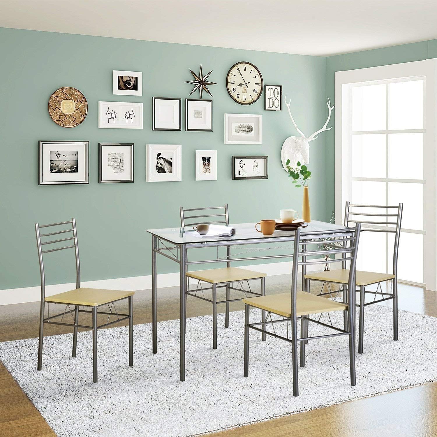 5-Piece Modern Glass Dining Table Set with 4 Leather Chairs - Tempered Glass Top & Metal Frame - Perfect for Kitchen, Dining Room, Small Spaces & Family Gatherings