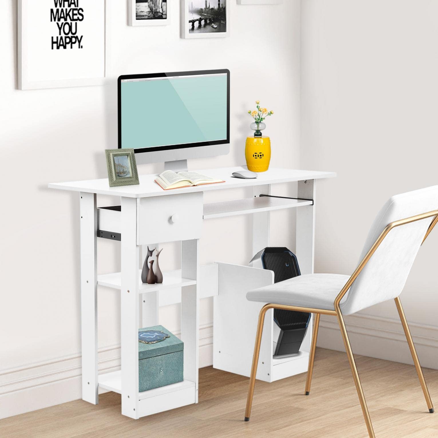 Compact White Corner Desk with Hutch & Drawer - Space-Saving Study Desk for College Dorm, Home Office & Small Spaces - Perfect as Laptop Desk, Homework Station & Computer Workstation