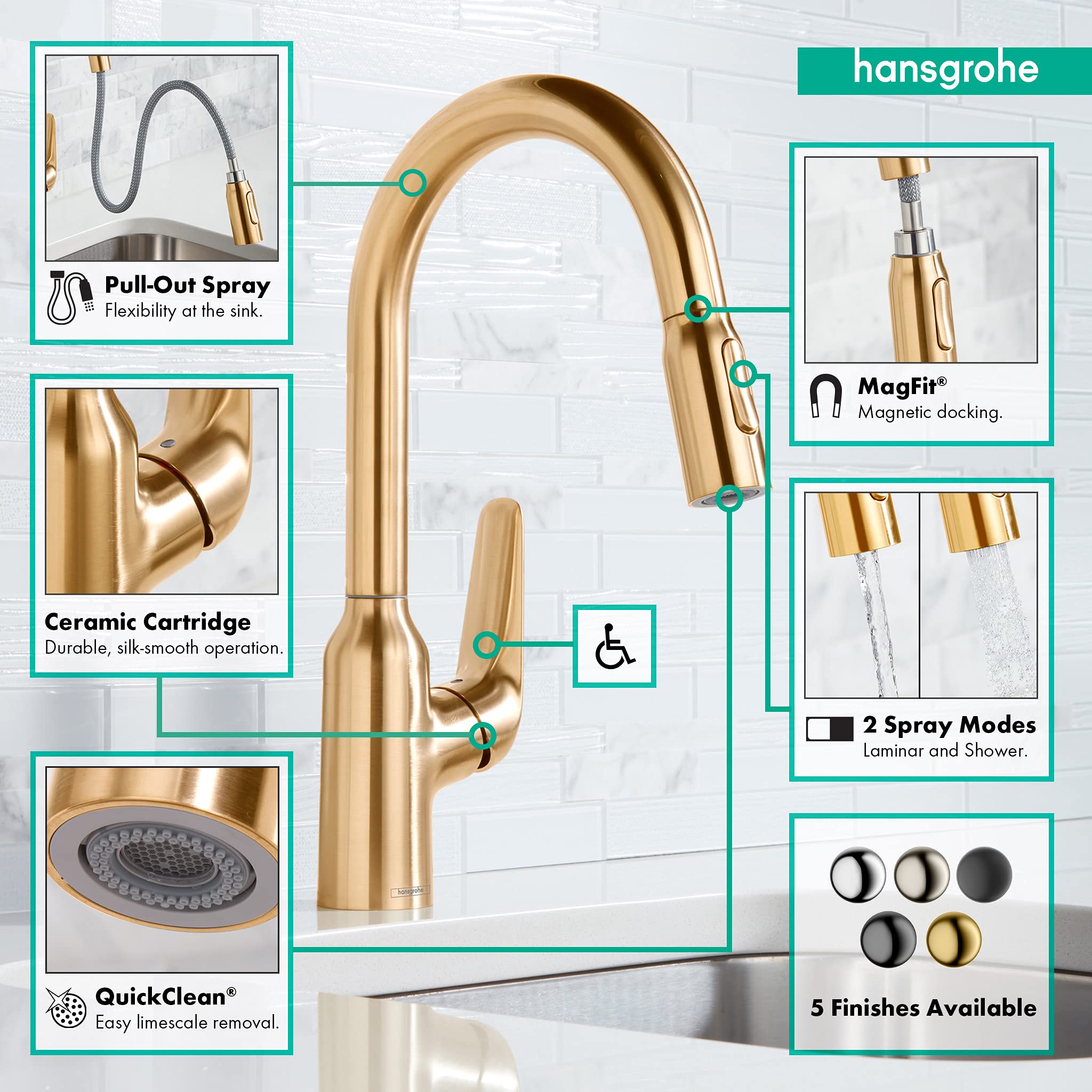 Hansgrohe Focus N Gold Bar Kitchen Faucet with Pull Down Sprayer - Brushed Gold Finish (Model 71801251) - Perfect for Modern Kitchens, Bar Sinks & Food Prep Stations
