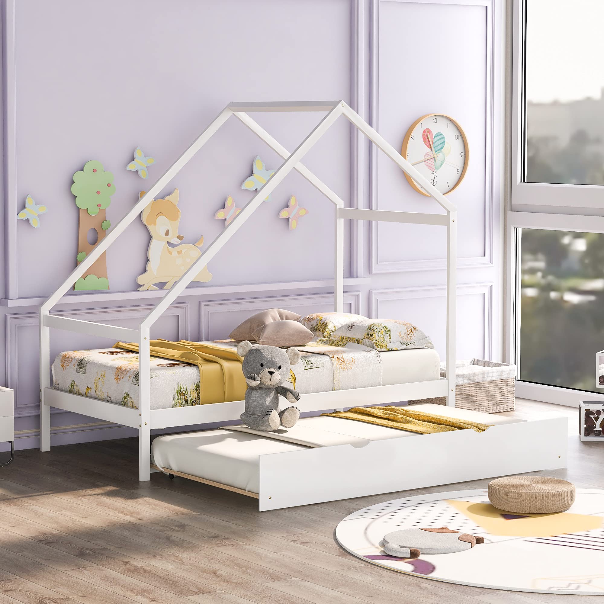 Twin House Bed with Trundle - White Wooden Platform Daybed Frame for Kids & Teens | Perfect for Bedrooms, Playrooms & Guest Rooms
