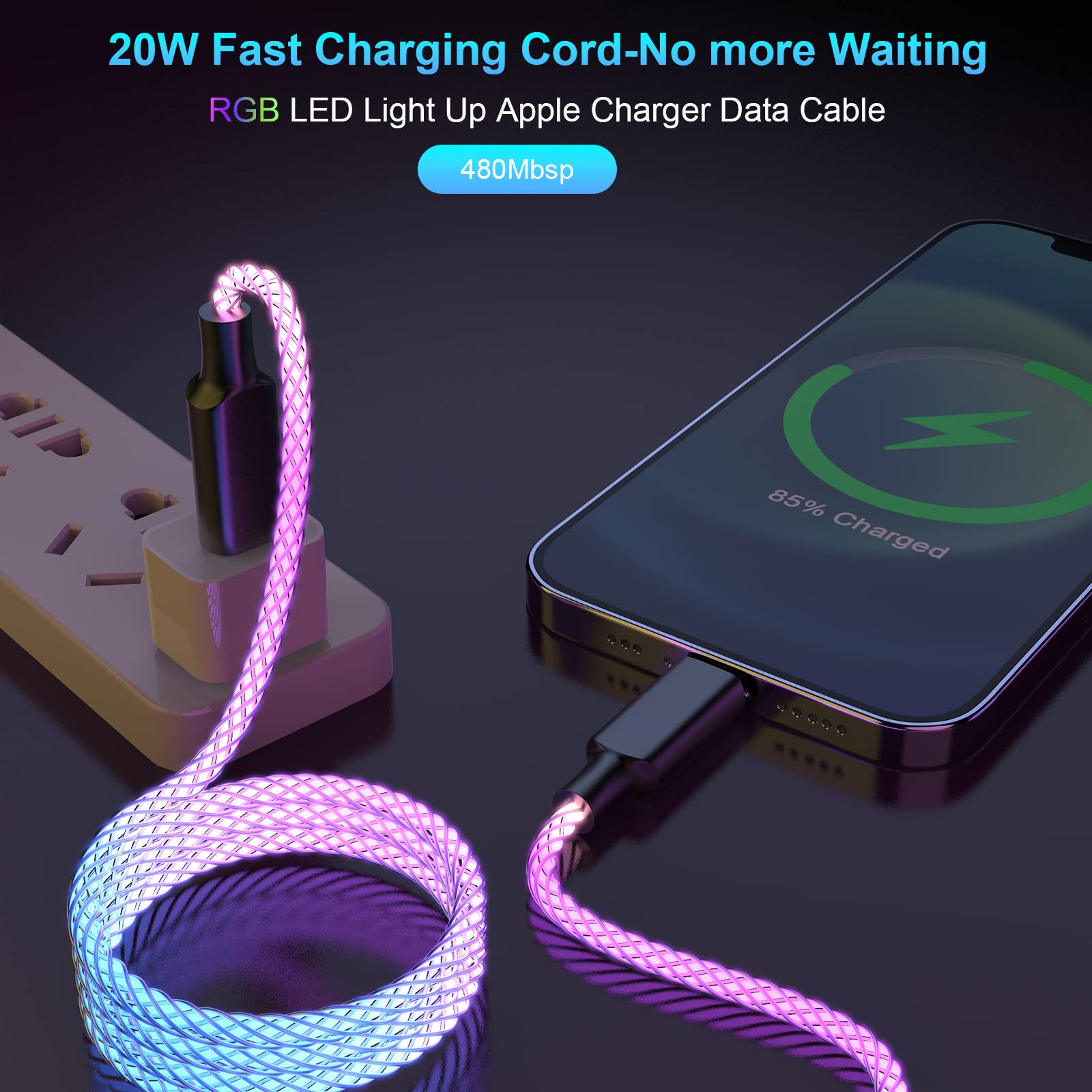 Apple 20W Fast Charging LED Lightning Cable - 3FT MFi Certified USB to Lightning Data Sync Cable for iPhone 13/12/11/X/8/7, iPad & CarPlay | Quick Charge & Nighttime Visibility | Perfect for Home, Office & Car Use