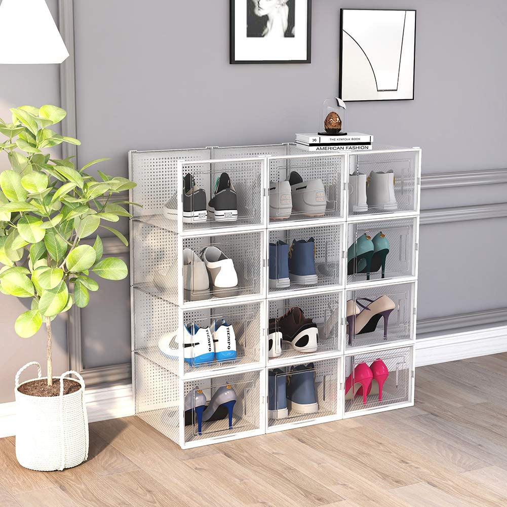 Stackable Clear Shoe Storage Box - Large Interlocking Plastic Shoe Organizer with Lid (White/Transparent) | Perfect for Closet Organization & Sneaker Collection Display