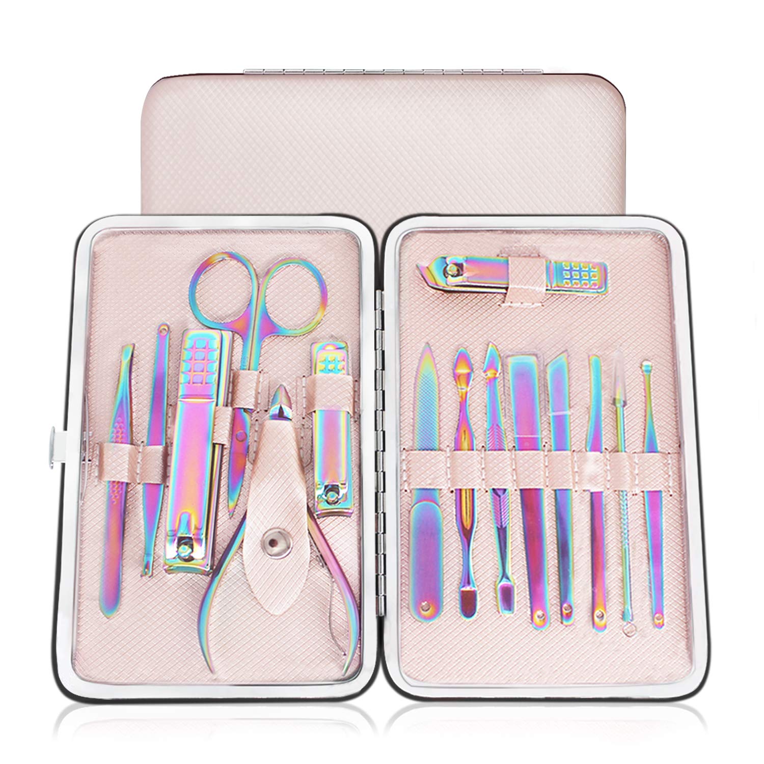 15pcs Rainbow Chameleon Nail Clipper Set - Stainless Steel Professional Manicure & Pedicure Kit with Nail Scissors, File, Fingernail & Toenail Clippers in Rose Gold Leather Travel Case - Perfect for Home, Salon & Travel Grooming Essentials