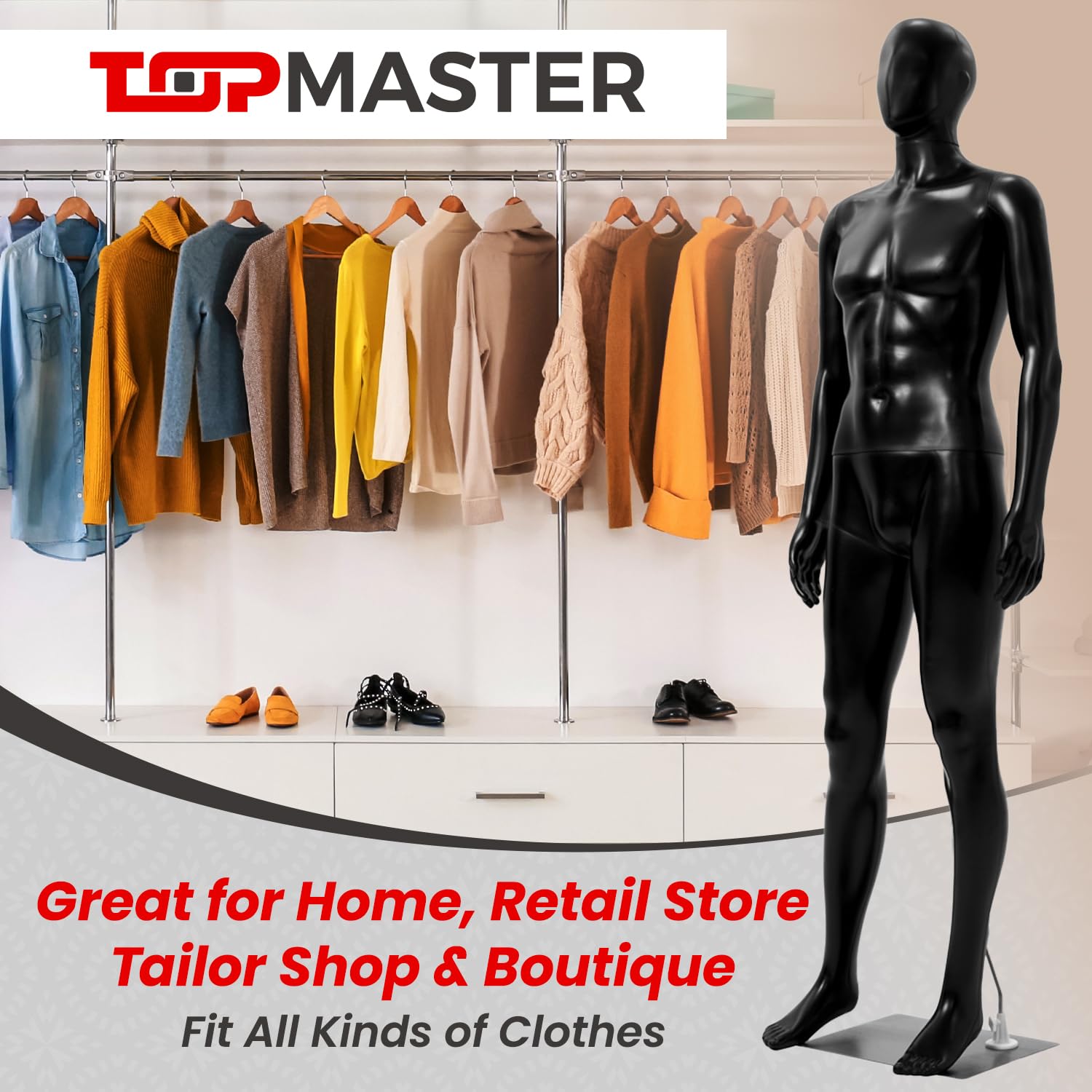 Premium Male Mannequin for Clothing Display - Realistic Proportions, Durable & Sturdy Construction - Perfect for Retail Stores, Boutiques & Fashion Showrooms (Black)