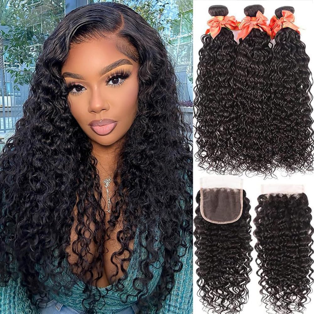 10A Brazilian Virgin Human Hair Bundles with 4x4 Lace Closure - Wet & Wavy Water Wave Hair Extensions (22, 24, 26+20 Inches) - Natural Color for Styling, Volume & Everyday Glam