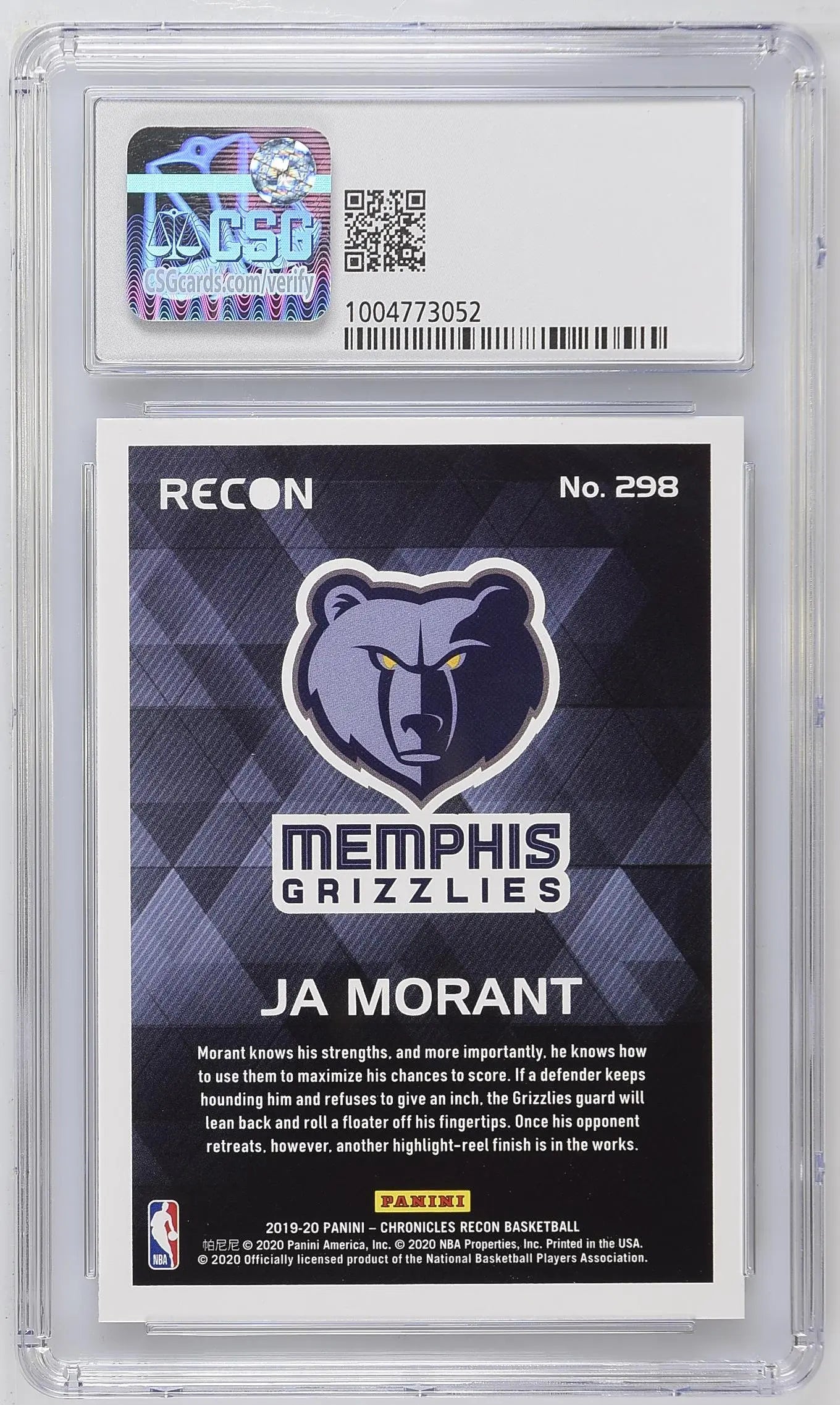 2019-20 Panini Chronicles Basketball Ja Morant RC Rookie Recon CSG 9.5 #298 - Mint Condition Collectible Card for NBA Fans & Sports Memorabilia Enthusiasts - Perfect for Display, Trading, and Investment