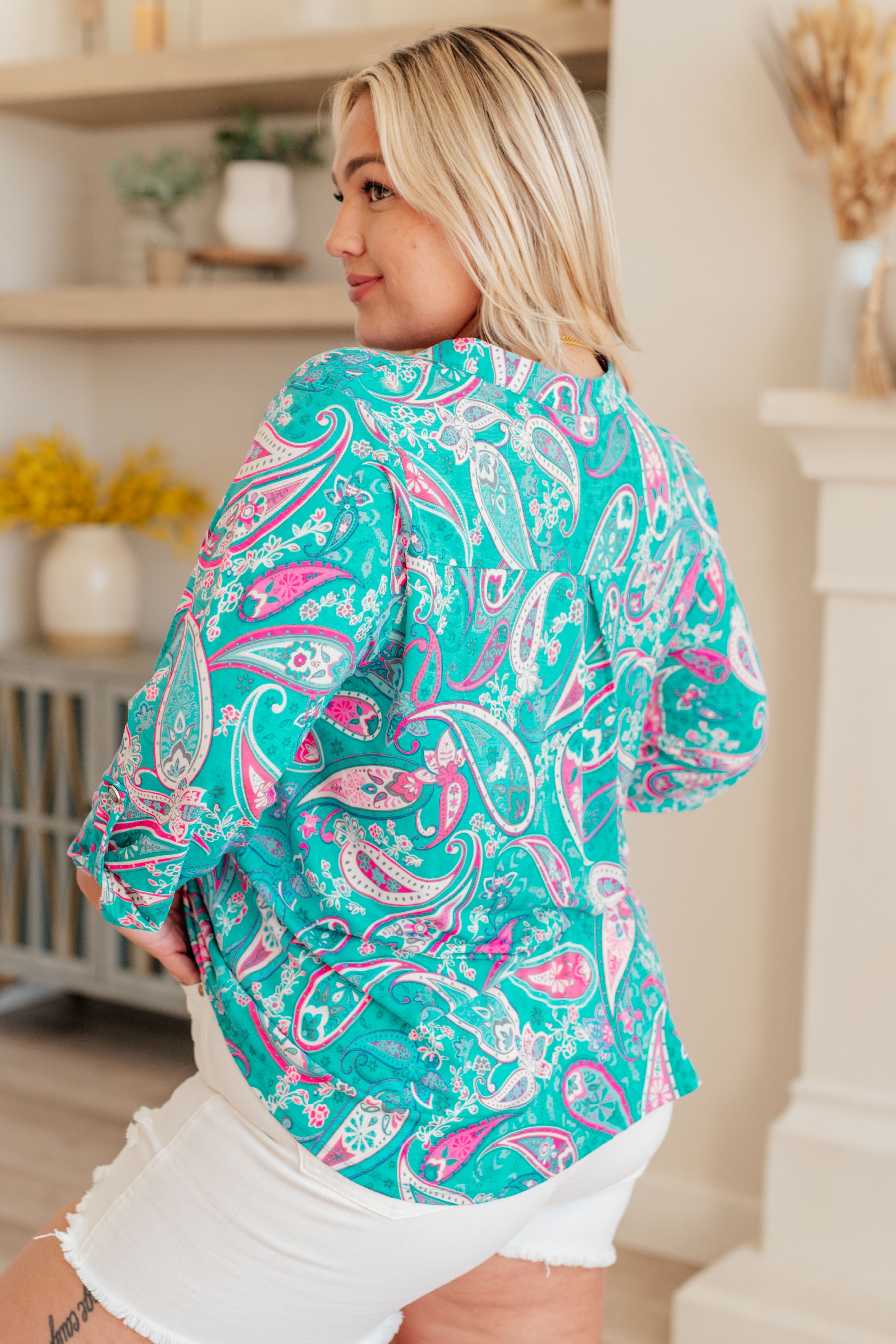 Dear Scarlett Aqua and Pink Paisley Lizzy Top - Women's Floral Print Blouse for Casual Wear, Date Night & Summer Outfits