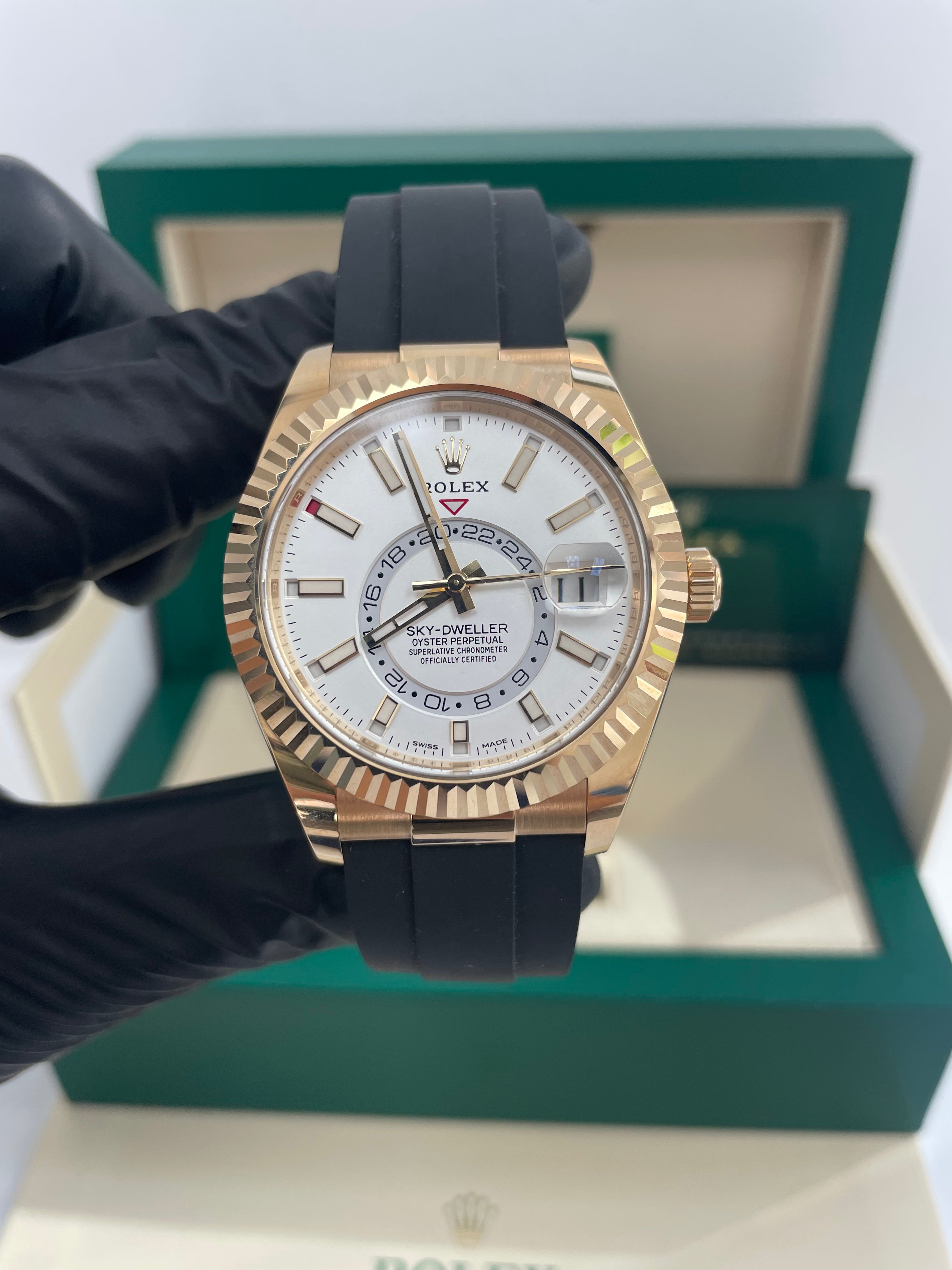 Rolex Sky-Dweller 326238 - 18K Yellow Gold Watch with White Index Dial & Oysterflex Bracelet | Luxury Men's Timepiece for Business, Travel & Special Occasions