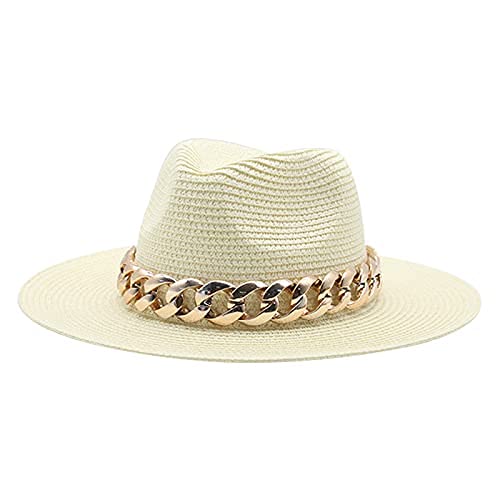 Women's Summer Straw Panama Hat with Wide Brim & Gold Chain Band - Casual Beach Sun Hat for Women & Men - Perfect for Outdoor, Travel, and Vacation Use
