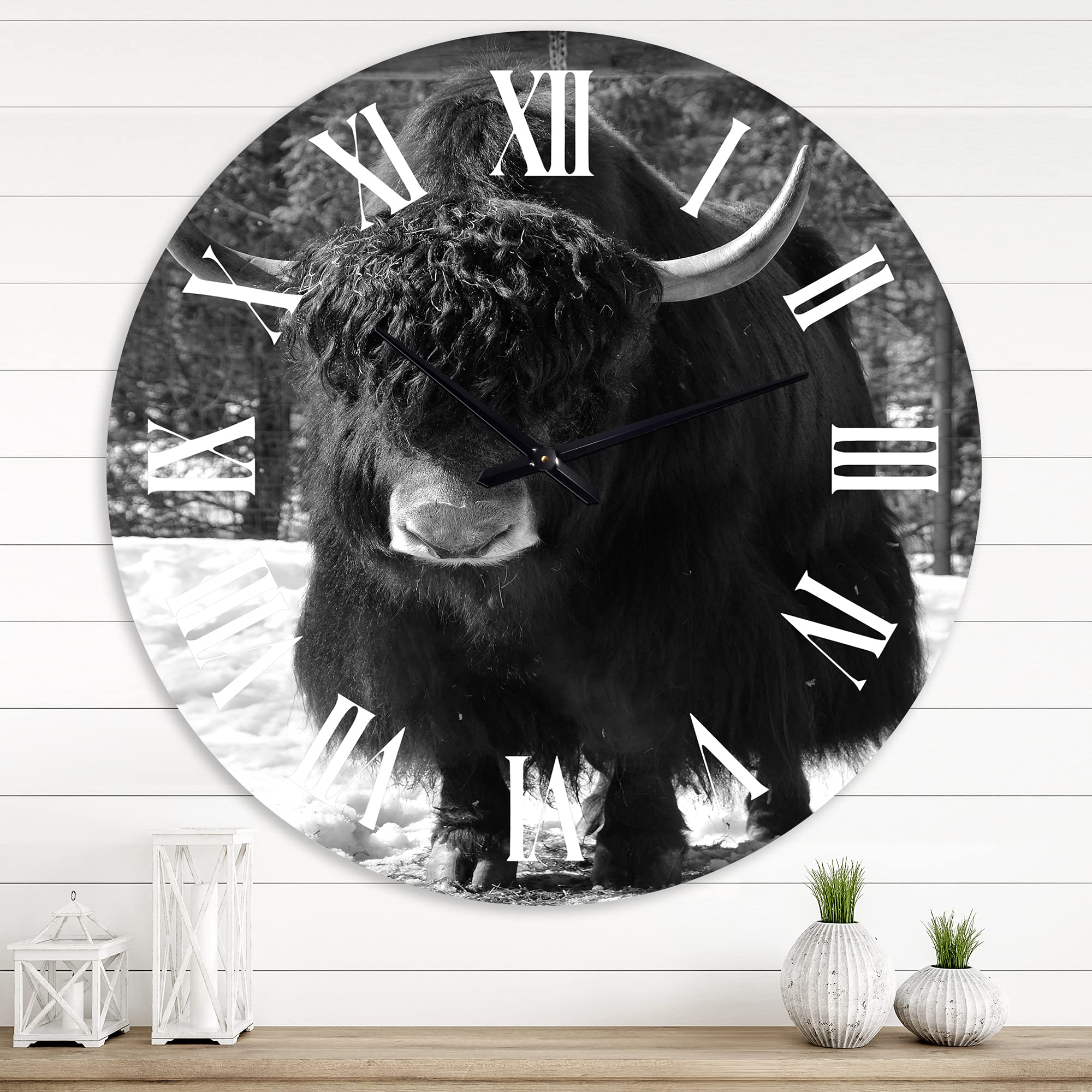 Farmhouse Wall Clock with Wild Bull in Winter Forest - Large Animal Wall Art for Living Room, Kitchen, Bedroom Decor | Rustic Home & Office Clock