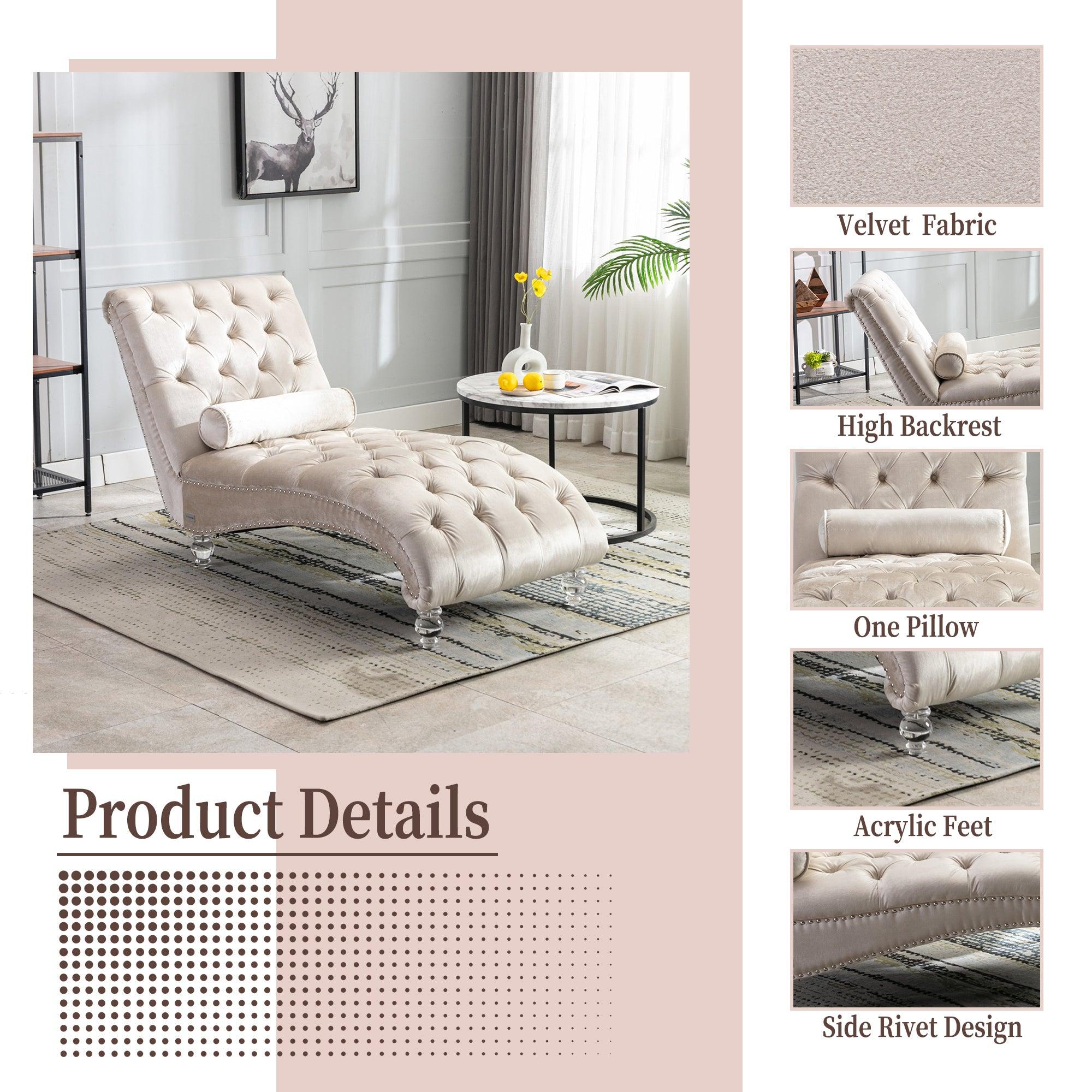 Luxury Velvet Chaise Lounge Chair - Button Tufted Upholstered Sofa with Pillow for Bedroom, Living Room & Office - Elegant Beige Velvet - Perfect for Relaxing, Reading & Home Decor